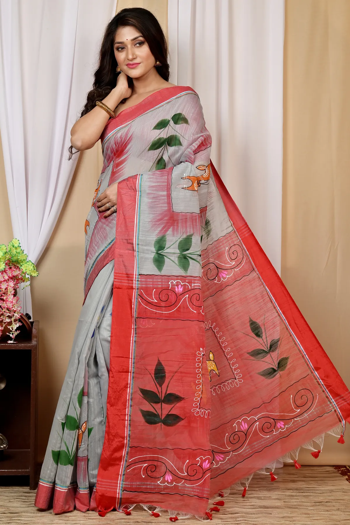 DipDiya Blended Cotton Grey Red Albela Stories of Bengal Hand Painted Sarees