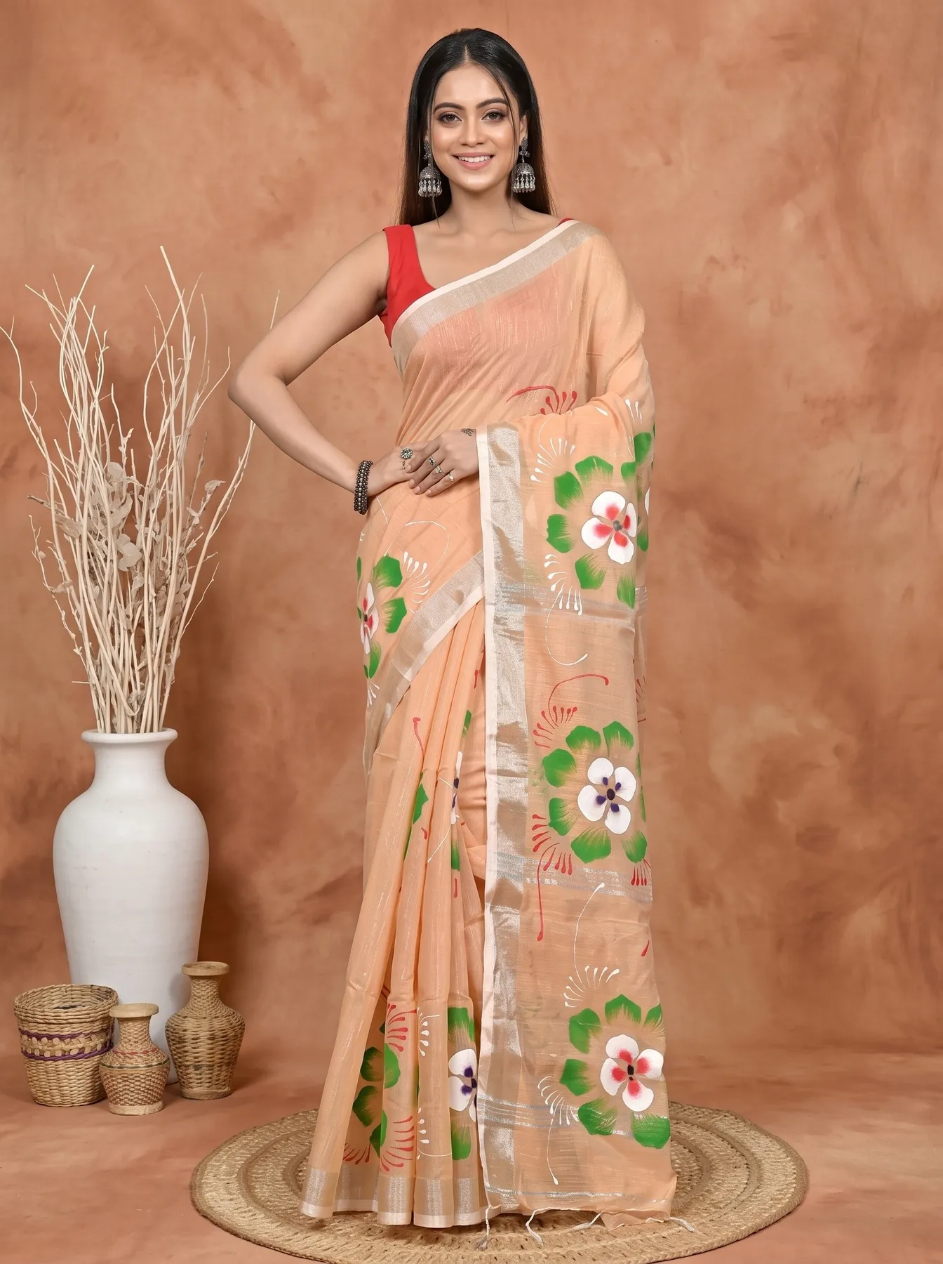 DipDiya Blended Cotton Light Brown Samvi Heritage of Bengali Hand Painted Sarees