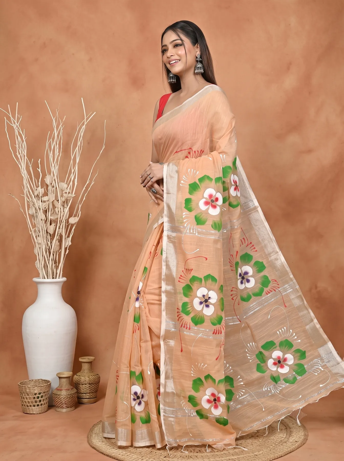 DipDiya Blended Cotton Light Brown Samvi Heritage of Bengali Hand Painted Sarees