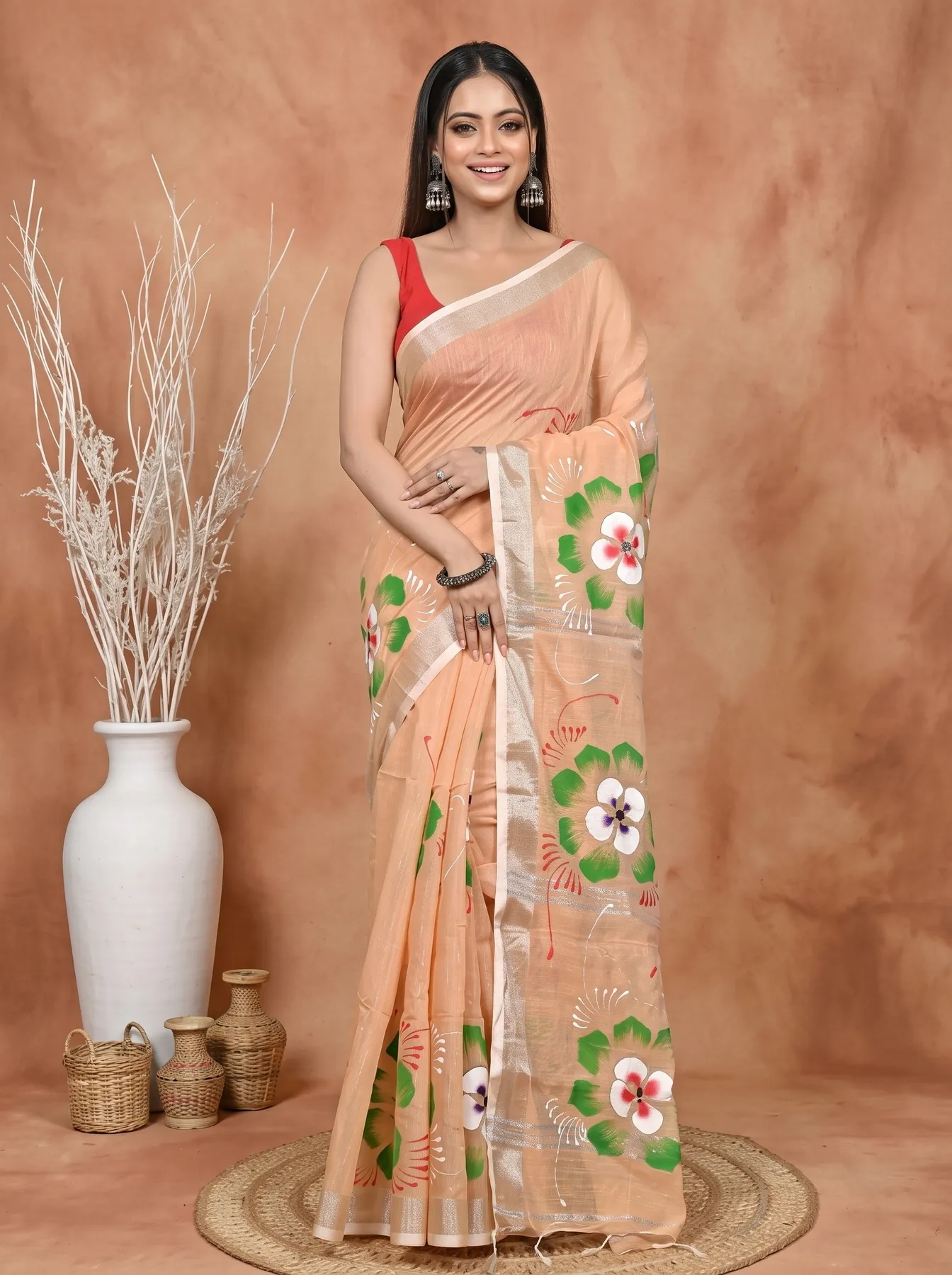 DipDiya Blended Cotton Light Brown Samvi Heritage of Bengali Hand Painted Sarees