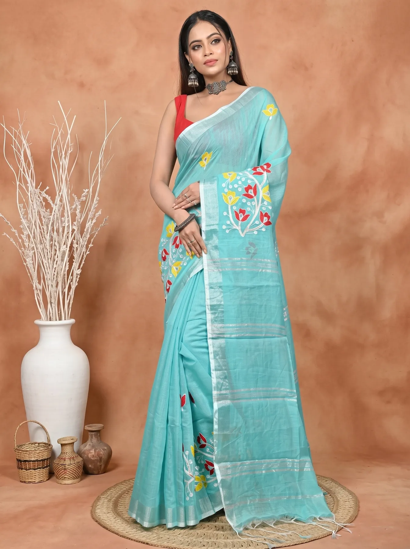 DipDiya Blended Cotton Light Green Samyra Heritage of Bengali Embroidery Handloom sarees