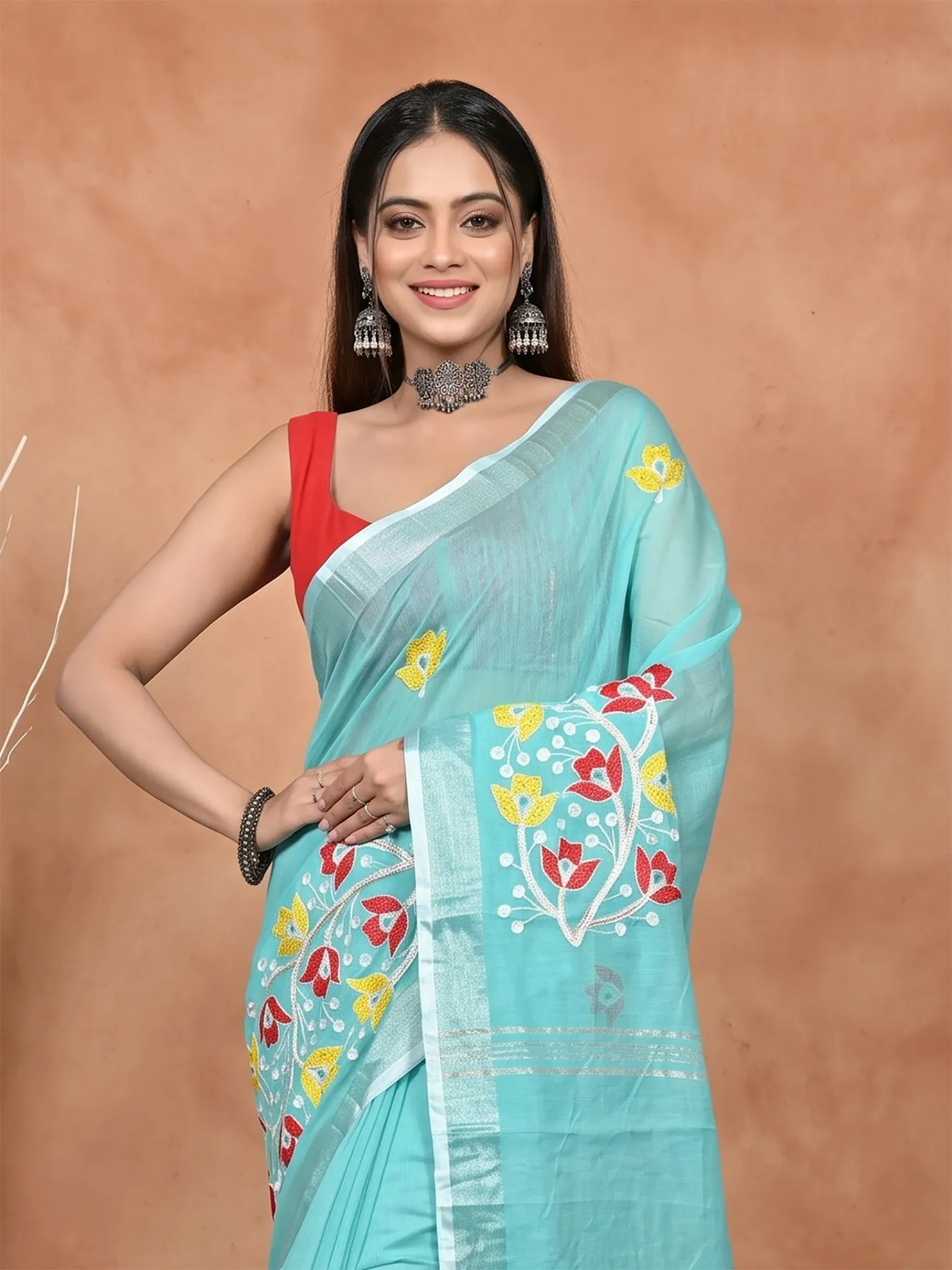 DipDiya Blended Cotton Light Green Samyra Heritage of Bengali Embroidery Handloom sarees