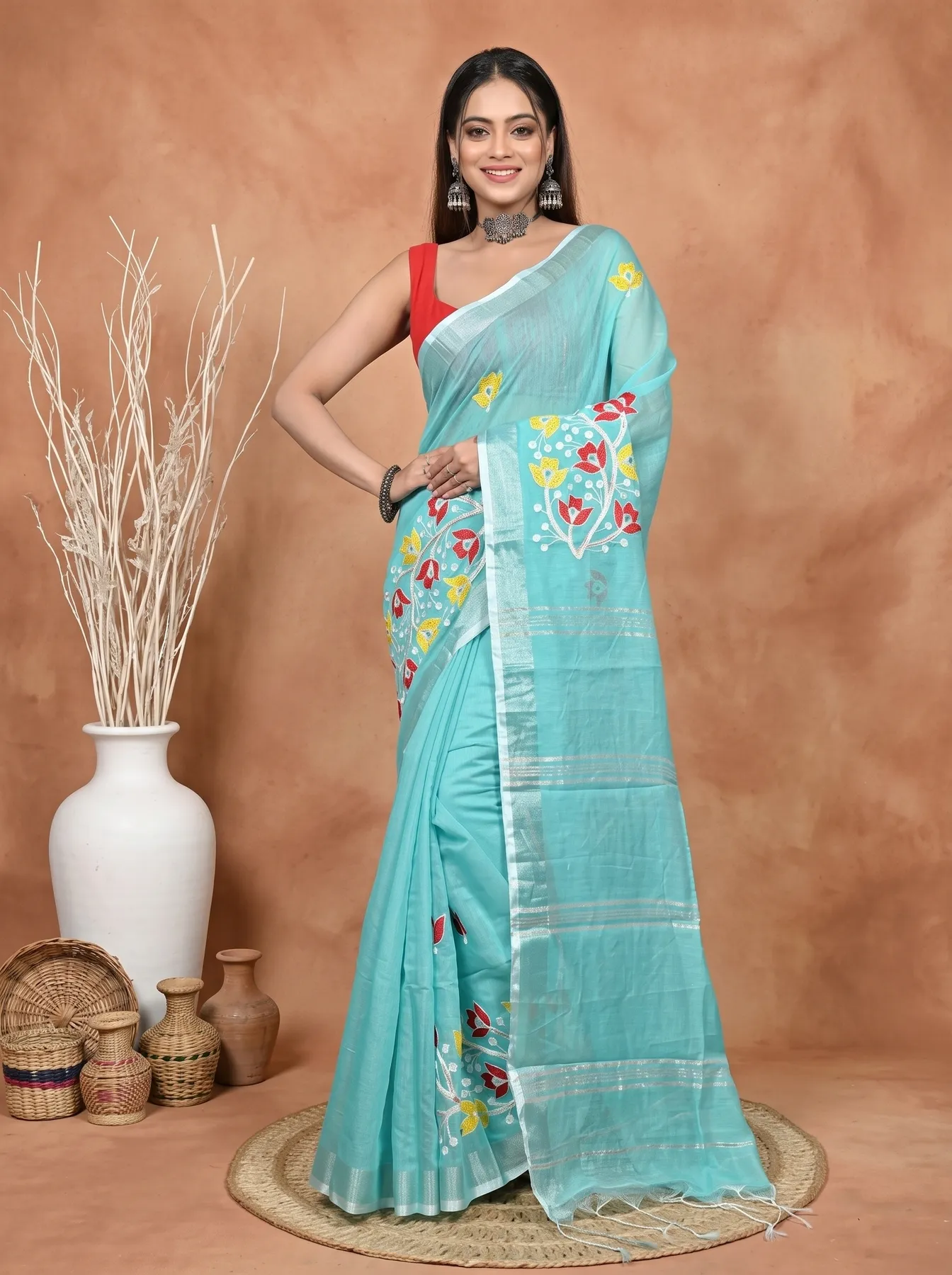 DipDiya Blended Cotton Light Green Samyra Heritage of Bengali Embroidery Handloom sarees