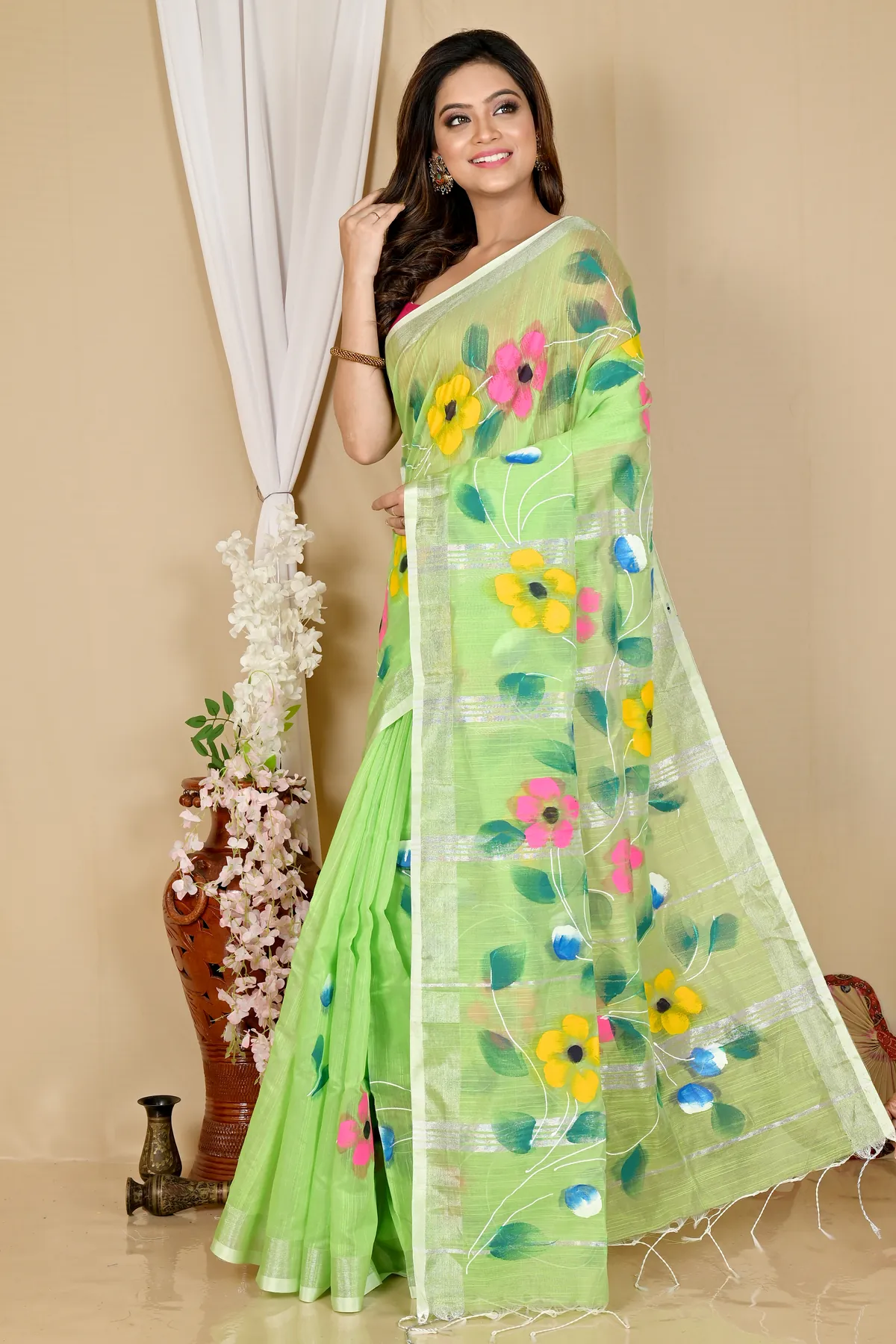 DipDiya Blended Cotton Light Green Slabaka Ful Heritage Elegance Hand Painted Sarees