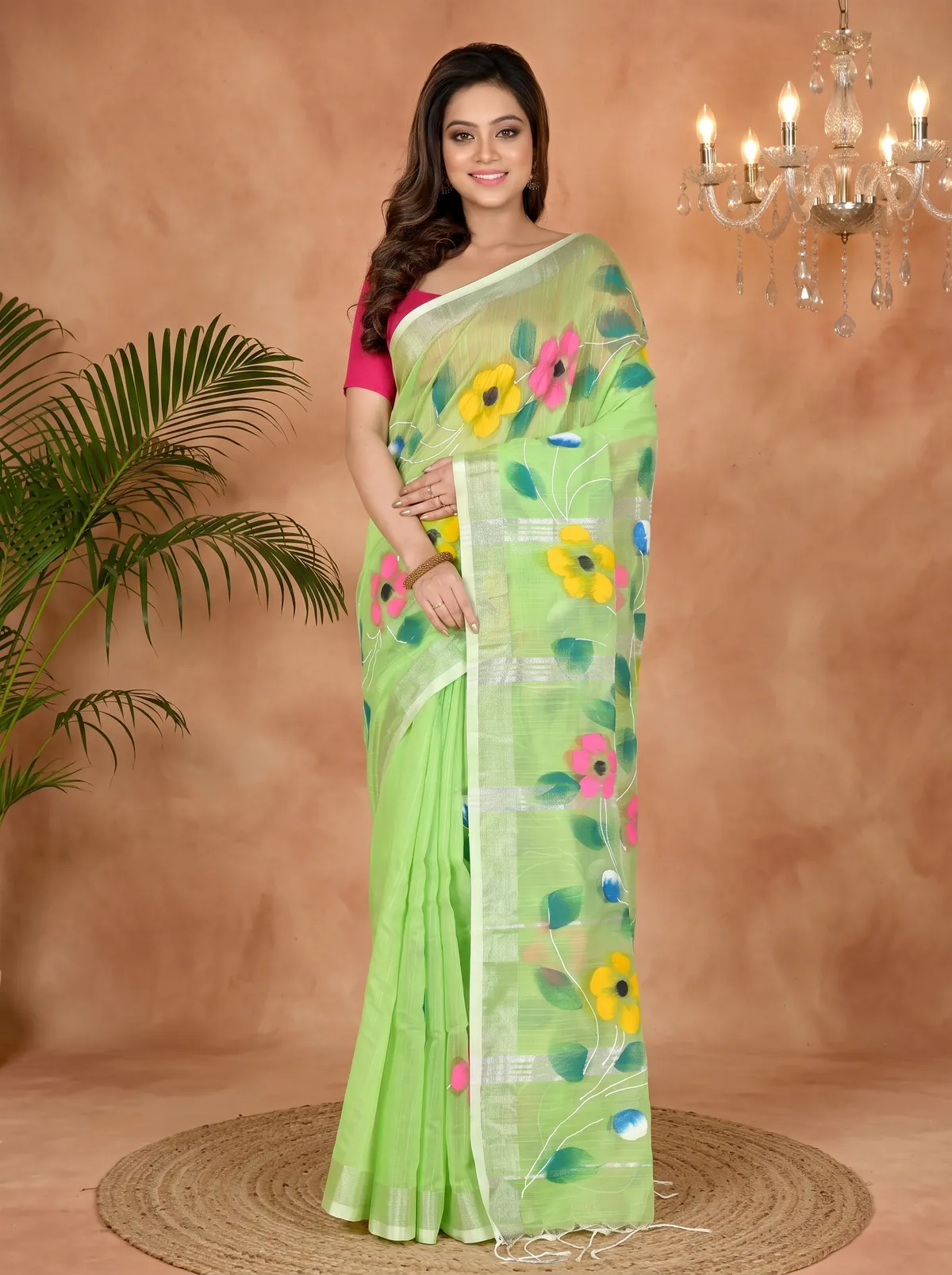 DipDiya Blended Cotton Light Green Slabaka Ful Heritage Elegance Hand Painted Sarees
