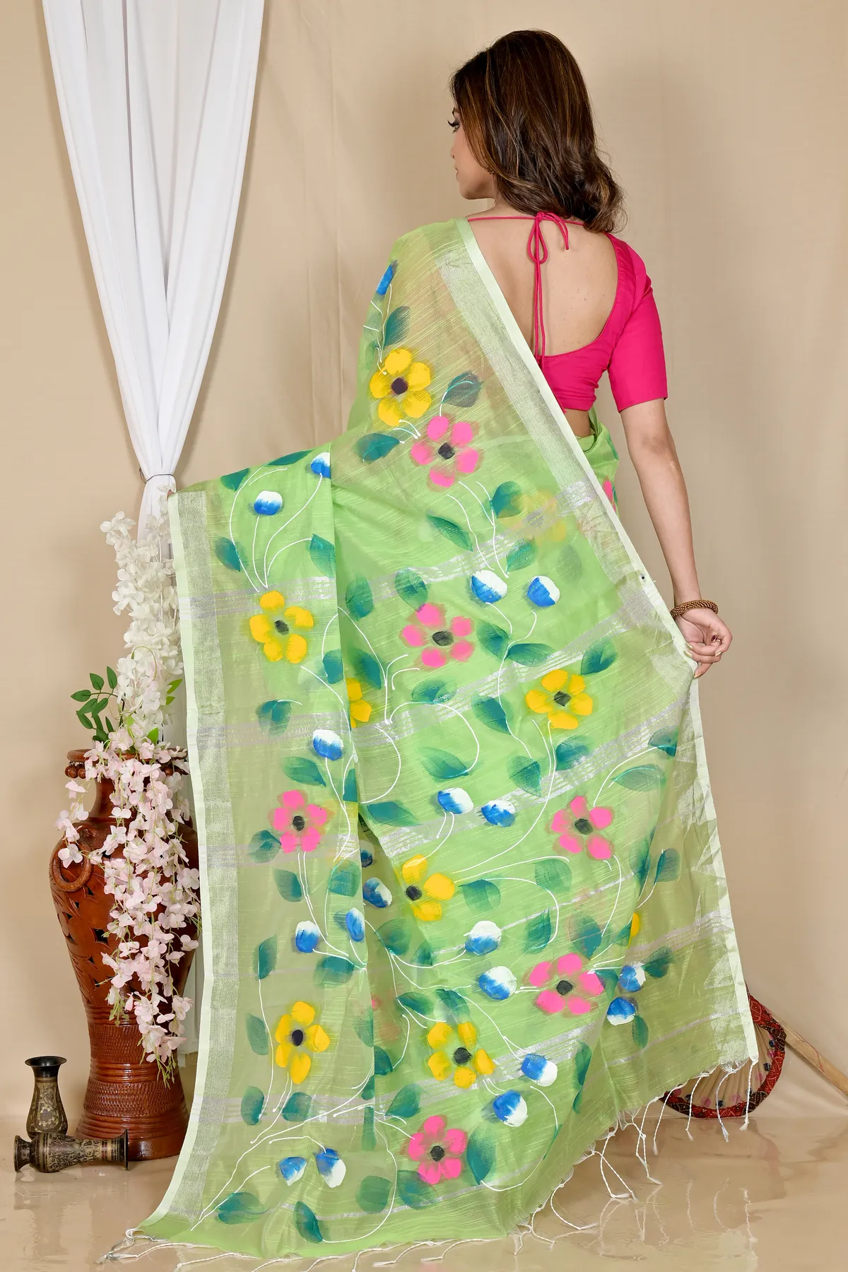DipDiya Blended Cotton Light Green Slabaka Ful Heritage Elegance Hand Painted Sarees