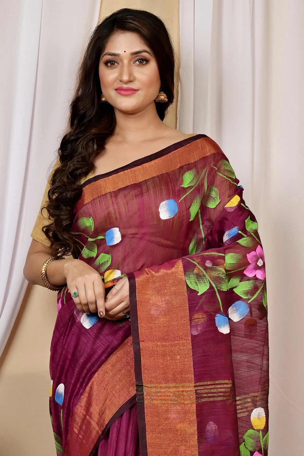 DipDiya Blended Cotton Maroon Anito Timeless Elegance Hand Painted Sarees