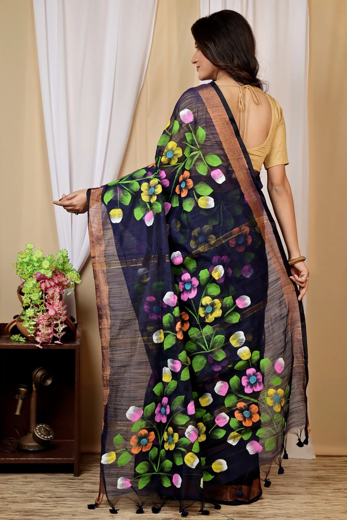 DipDiya Blended Cotton Naby Blue Anito Weaves with a Story Hand Painted Sarees