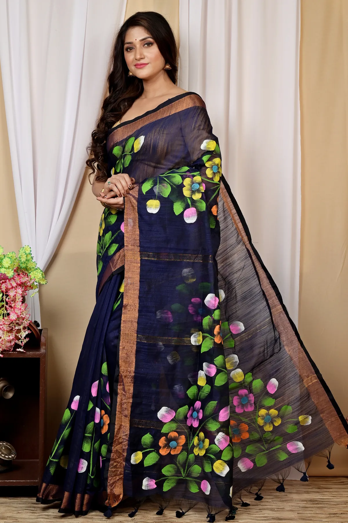 DipDiya Blended Cotton Naby Blue Anito Weaves with a Story Hand Painted Sarees
