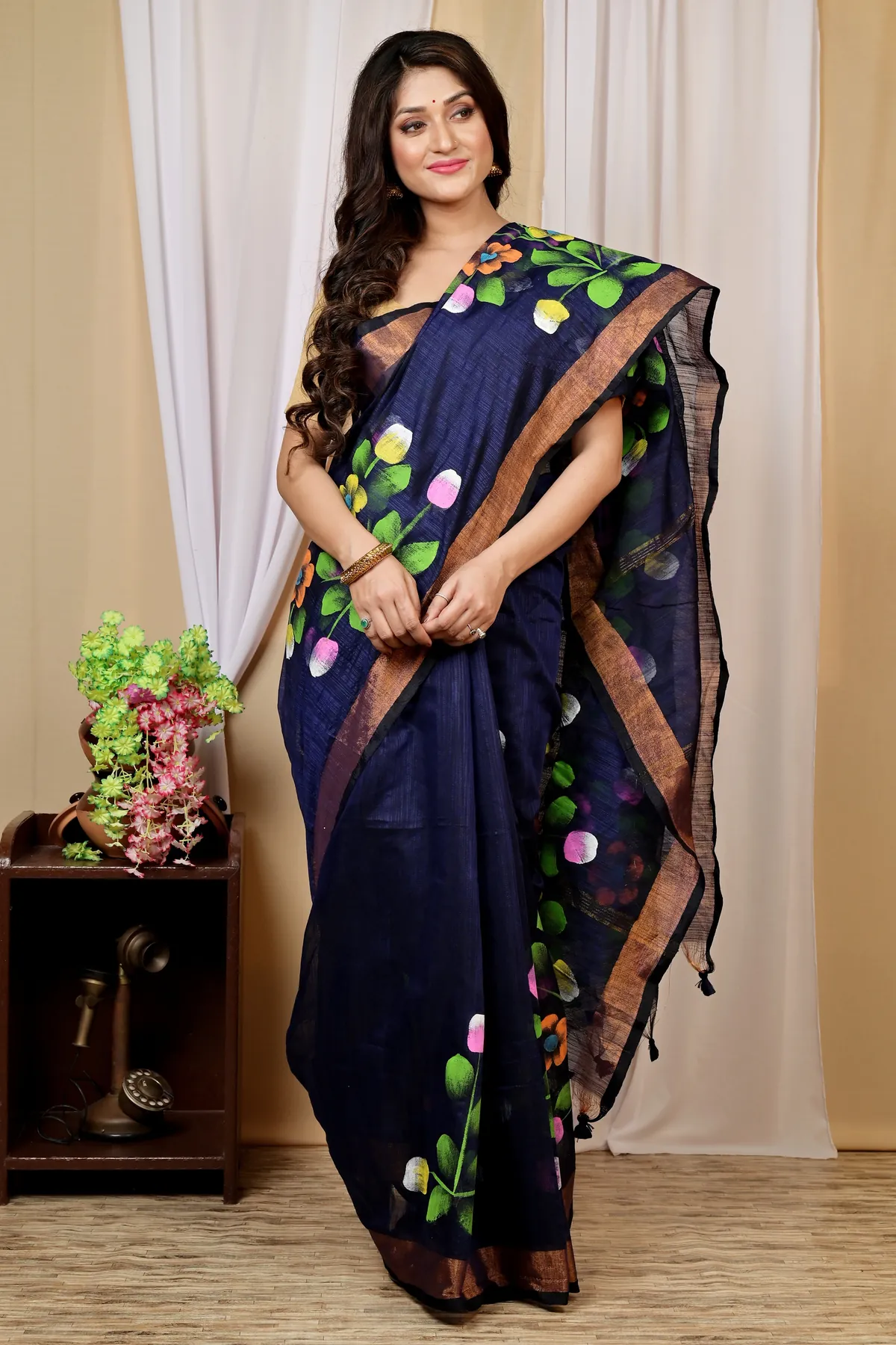 DipDiya Blended Cotton Naby Blue Anito Weaves with a Story Hand Painted Sarees