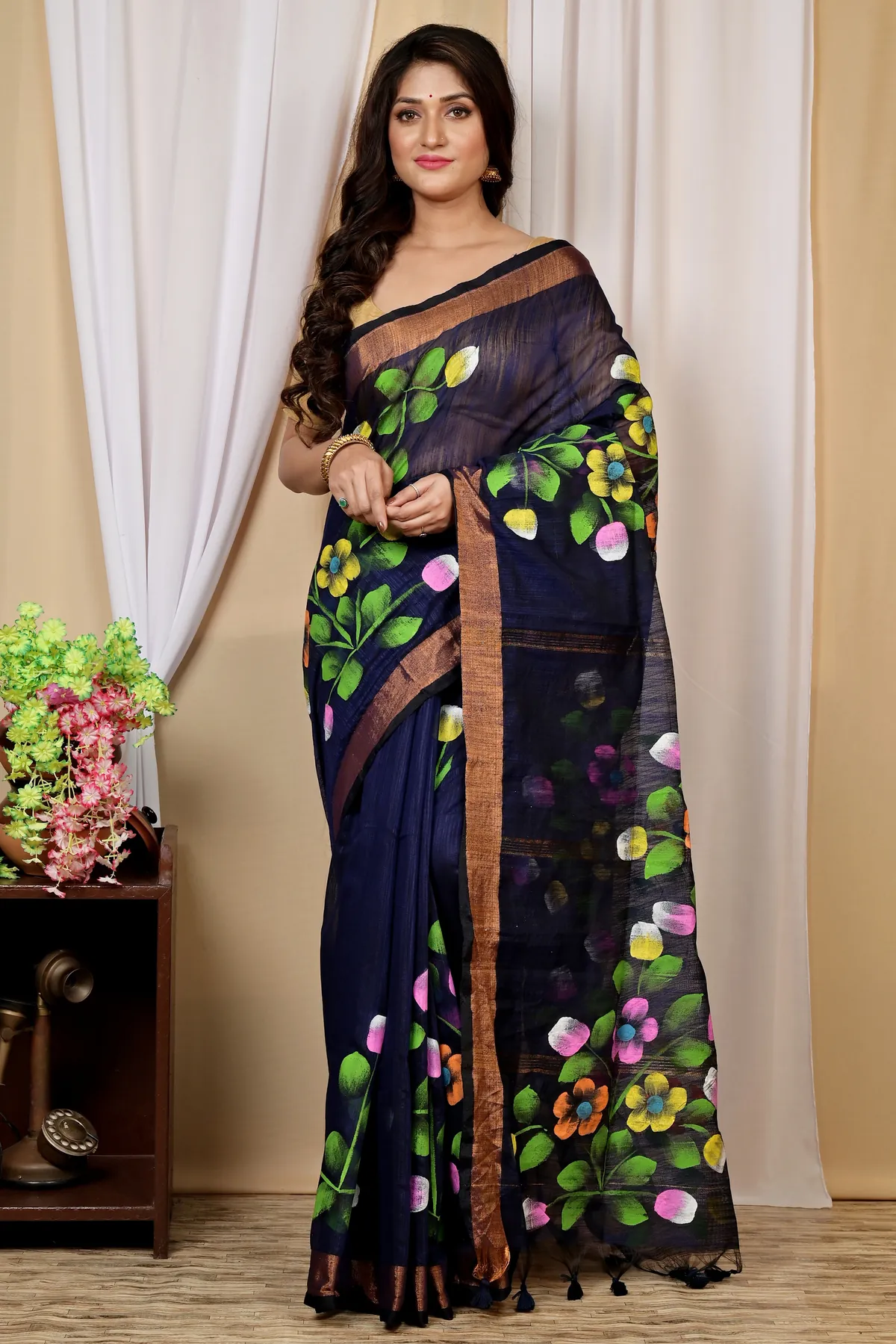 DipDiya Blended Cotton Naby Blue Anito Weaves with a Story Hand Painted Sarees