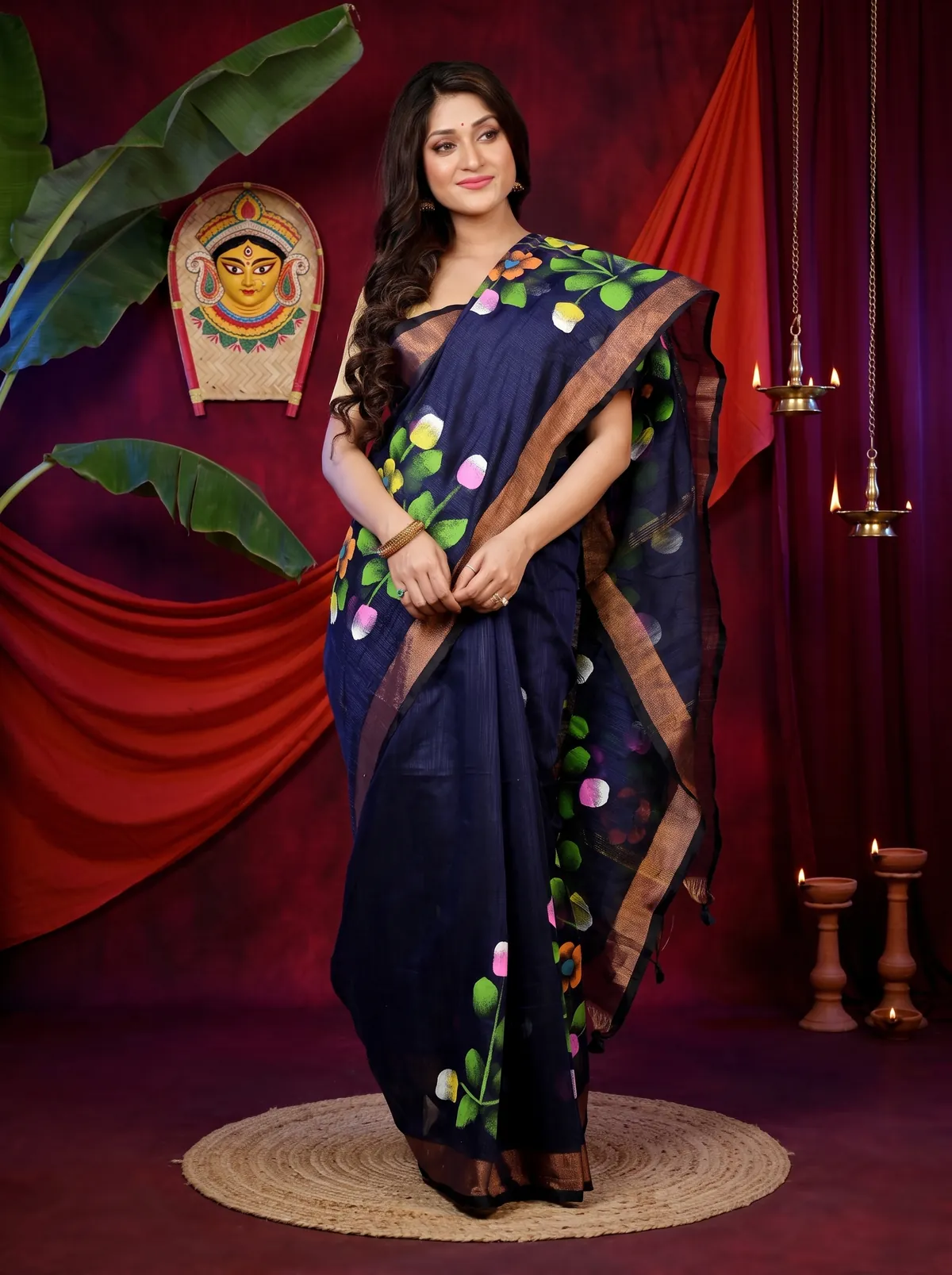 DipDiya Blended Cotton Naby Blue Anito Weaves with a Story Hand Painted Sarees