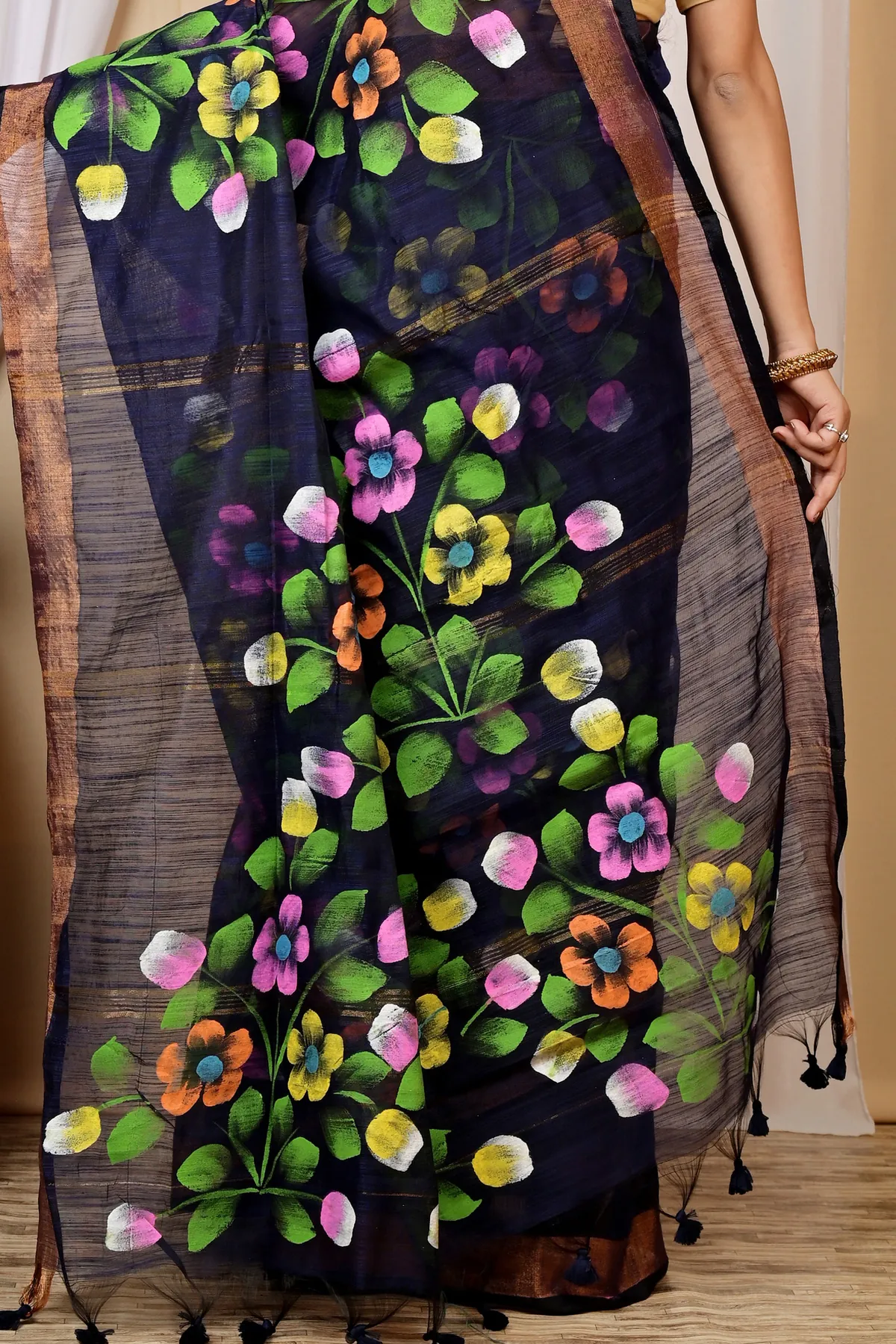 DipDiya Blended Cotton Naby Blue Anito Weaves with a Story Hand Painted Sarees