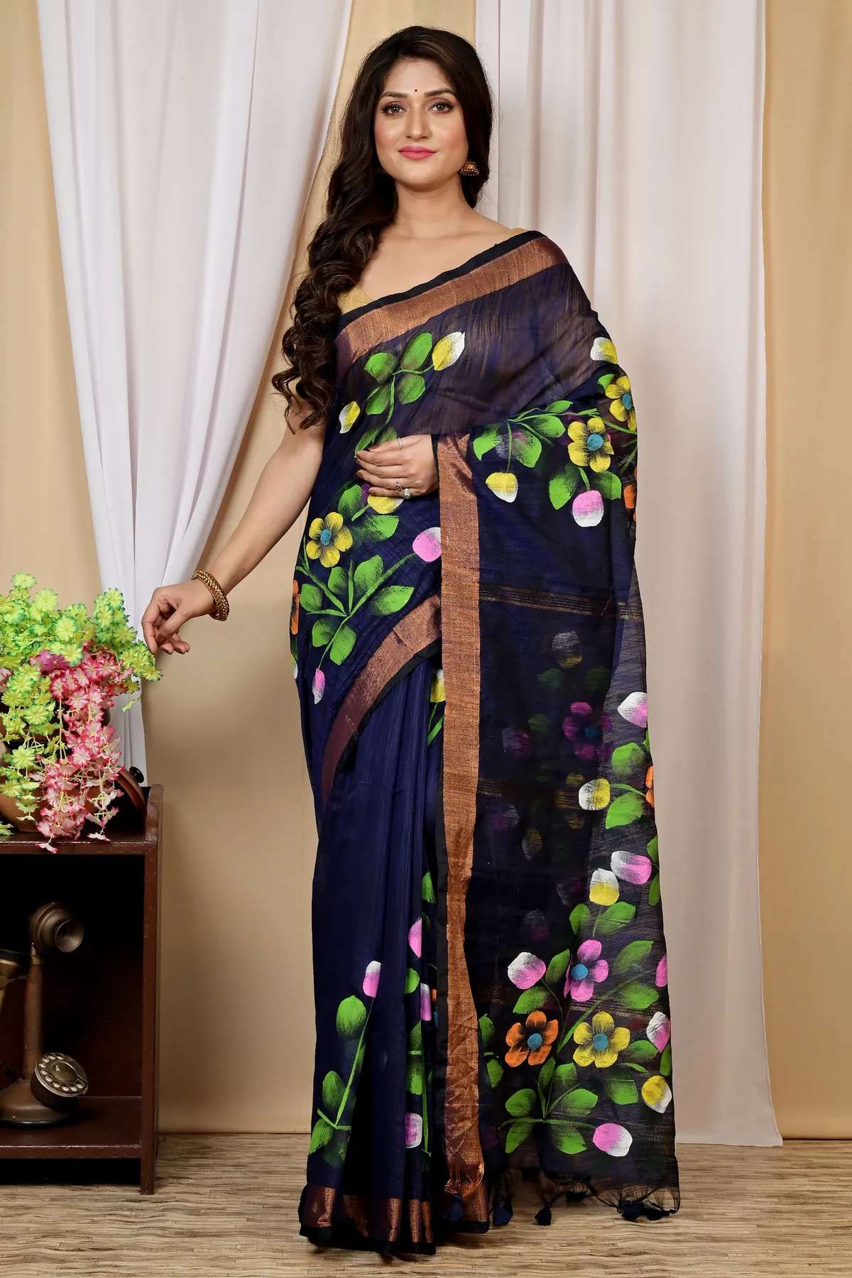 DipDiya Blended Cotton Naby Blue Anito Weaves with a Story Hand Painted Sarees