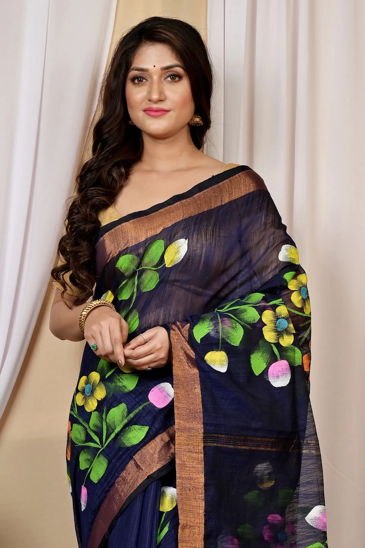DipDiya Blended Cotton Naby Blue Anito Weaves with a Story Hand Painted Sarees
