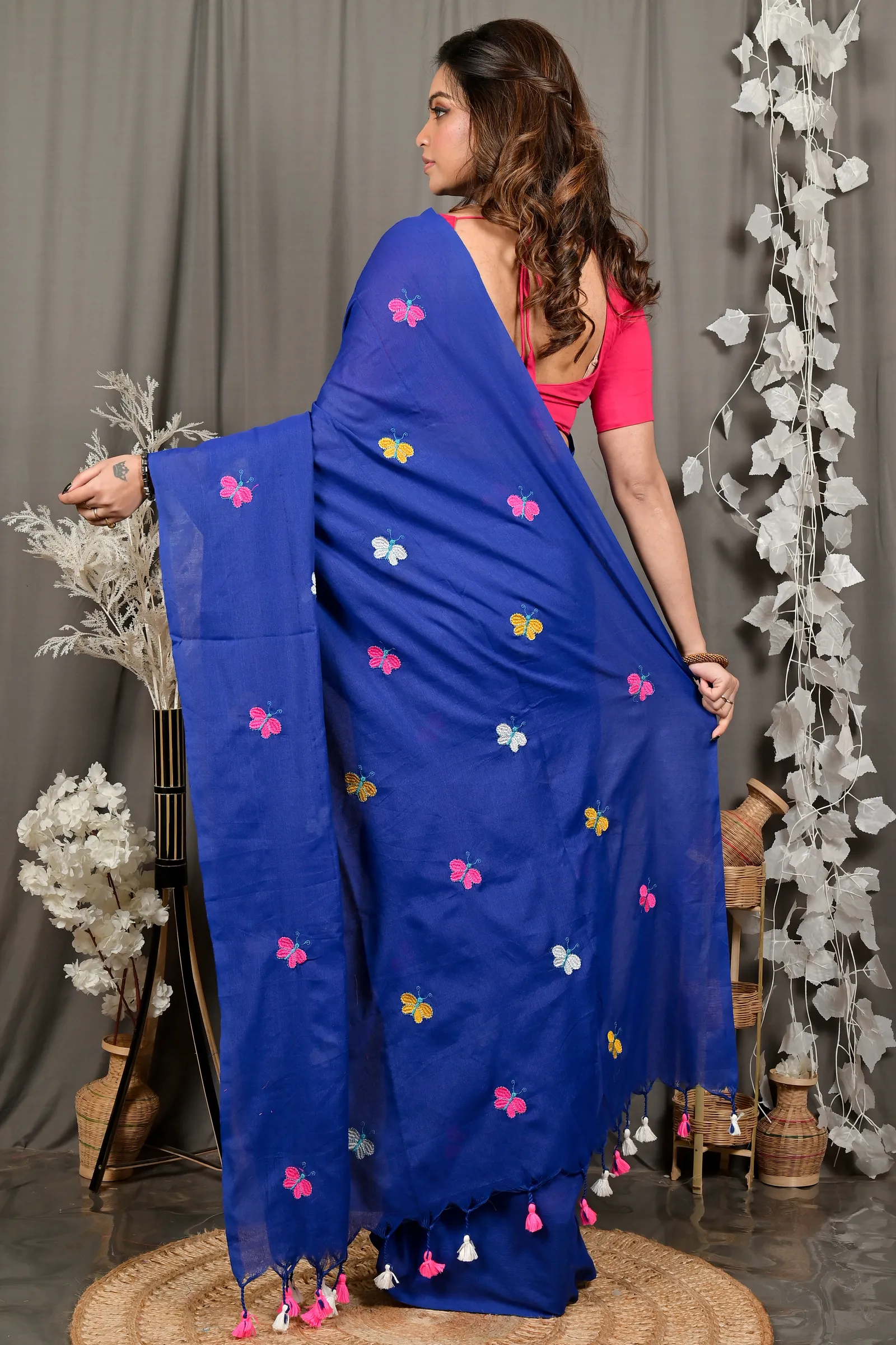 DipDiya Blended Cotton Naby Blue Foyeli Stories of Bengal Embroidery Handloom sarees