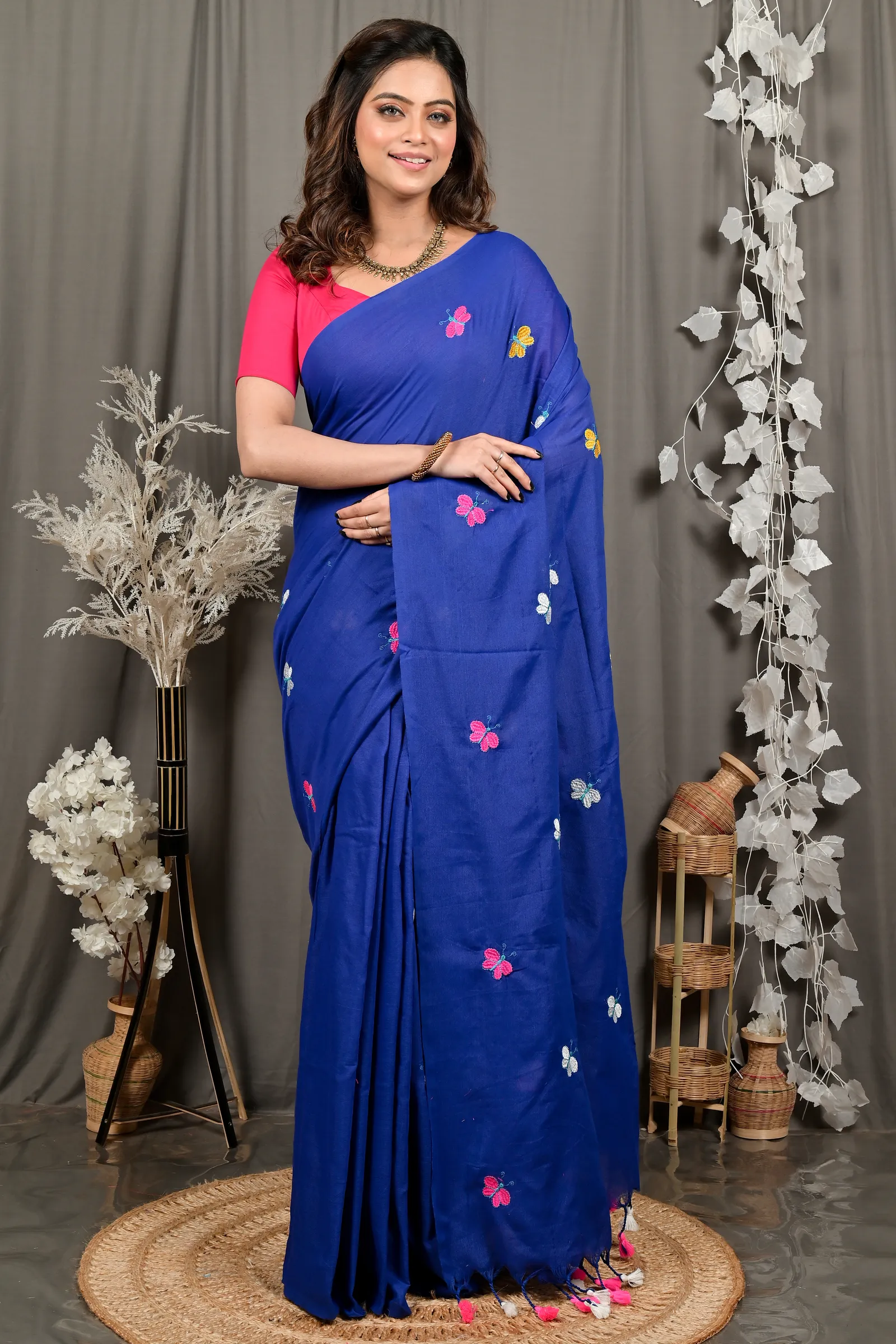 DipDiya Blended Cotton Naby Blue Foyeli Stories of Bengal Embroidery Handloom sarees