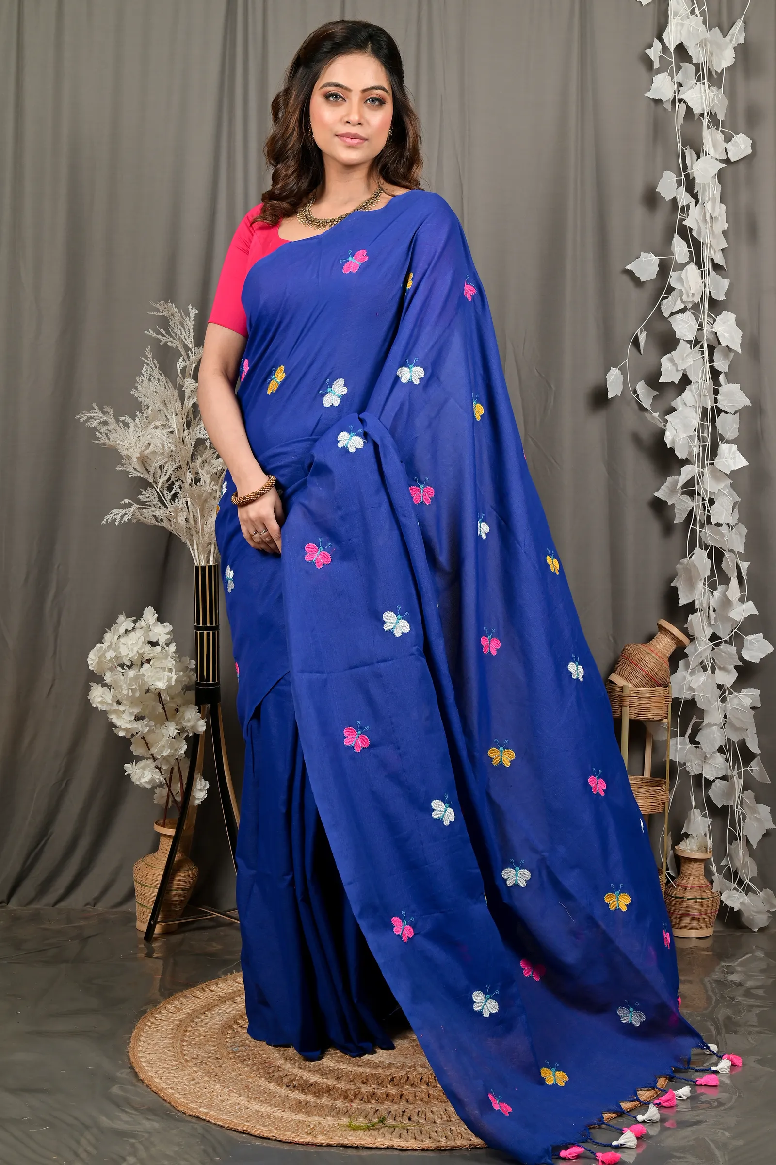 DipDiya Blended Cotton Naby Blue Foyeli Stories of Bengal Embroidery Handloom sarees