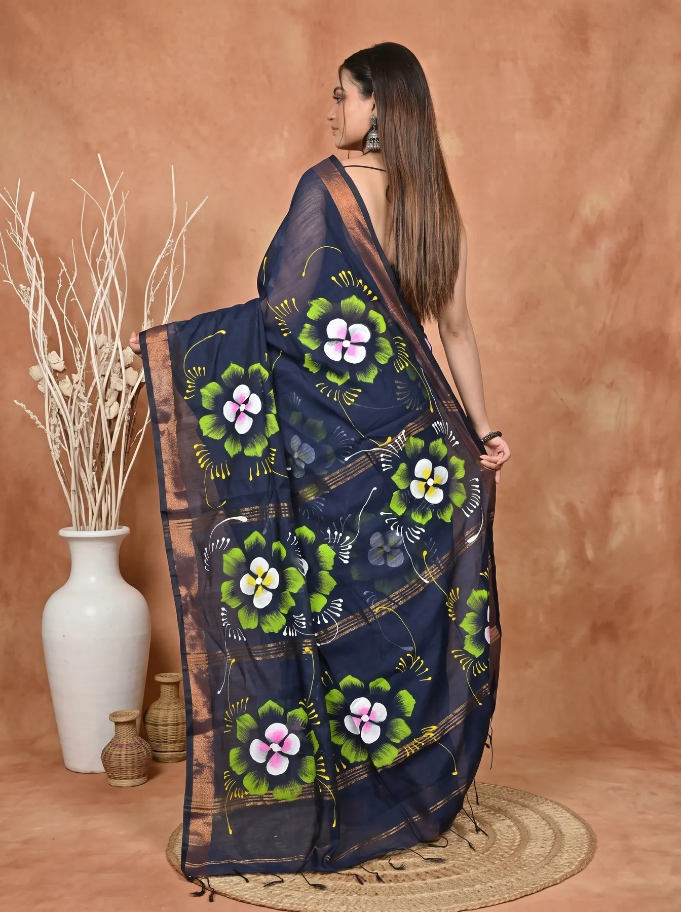 DipDiya Blended Cotton Naby Blue Samvi Heritage of Bengali Hand Painted Sarees