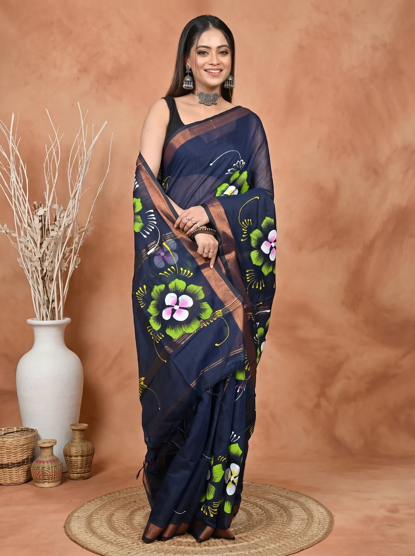 DipDiya Blended Cotton Naby Blue Samvi Heritage of Bengali Hand Painted Sarees