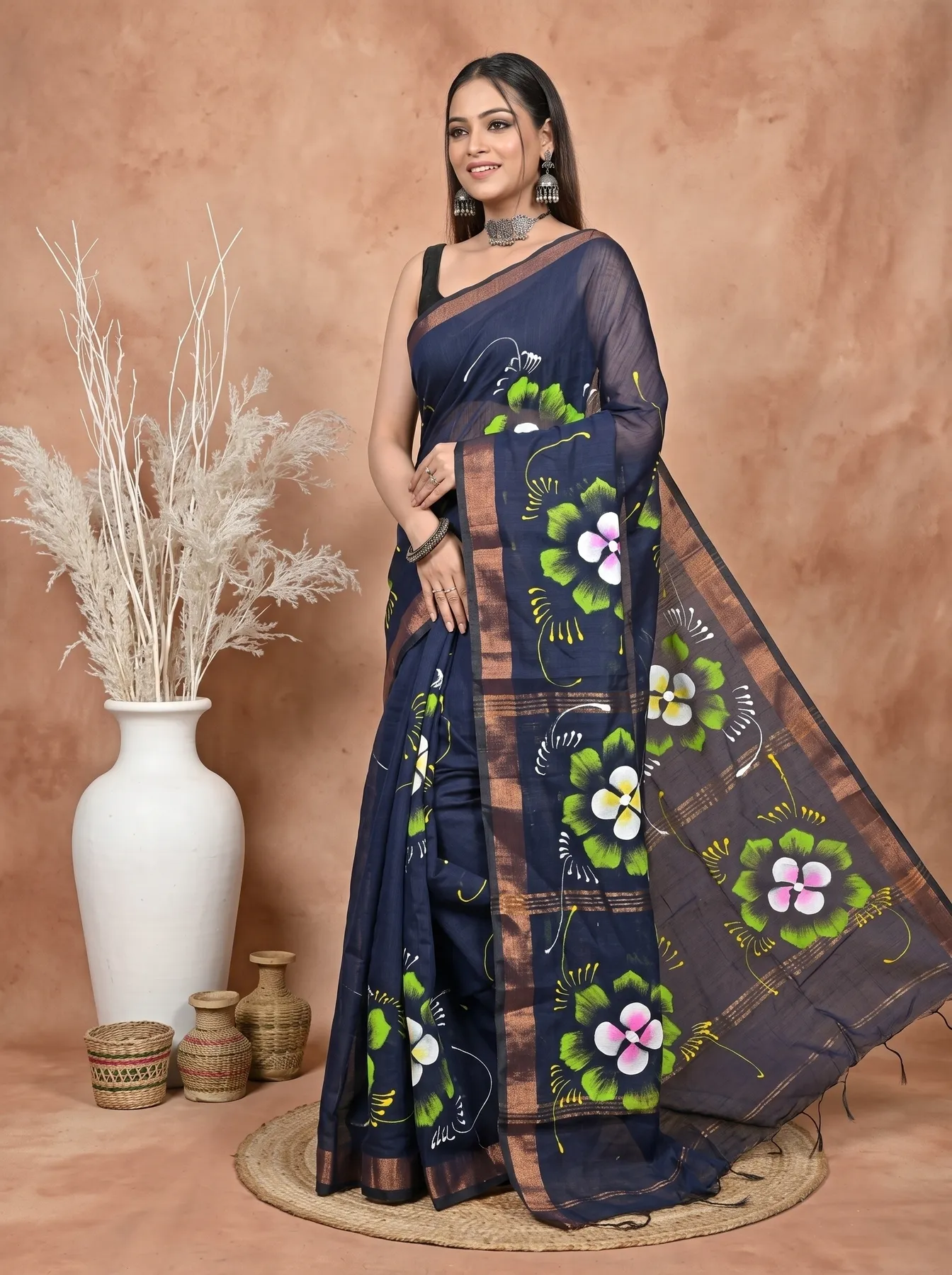 DipDiya Blended Cotton Naby Blue Samvi Heritage of Bengali Hand Painted Sarees