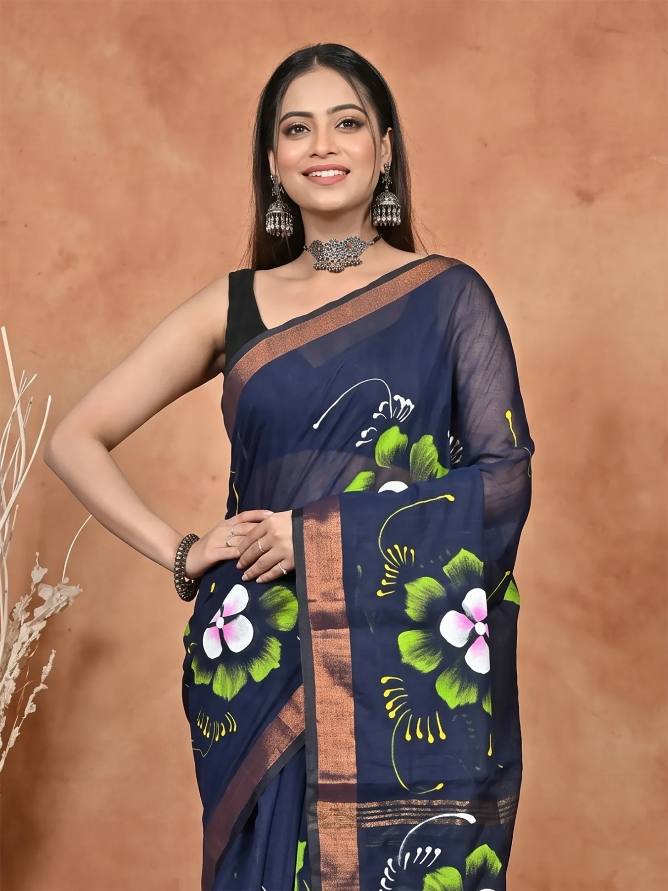 DipDiya Blended Cotton Naby Blue Samvi Heritage of Bengali Hand Painted Sarees