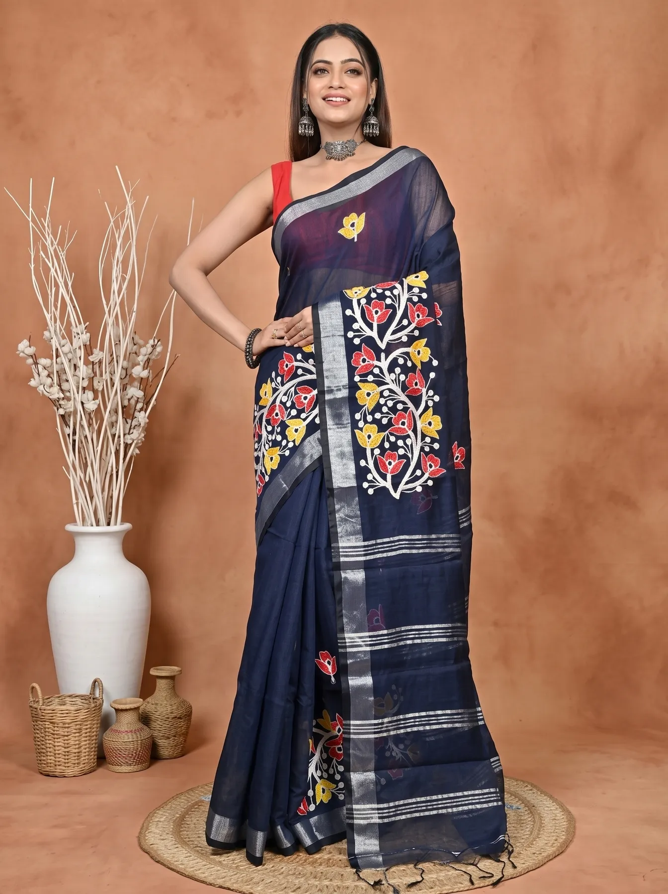 DipDiya Blended Cotton Naby Blue Samyra Heritage of Bengali Embroidery Handloom sarees