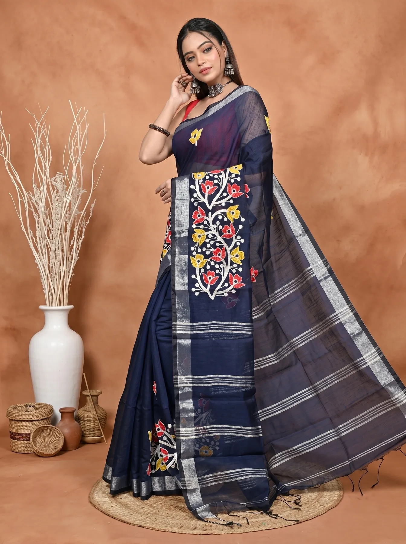 DipDiya Blended Cotton Naby Blue Samyra Heritage of Bengali Embroidery Handloom sarees