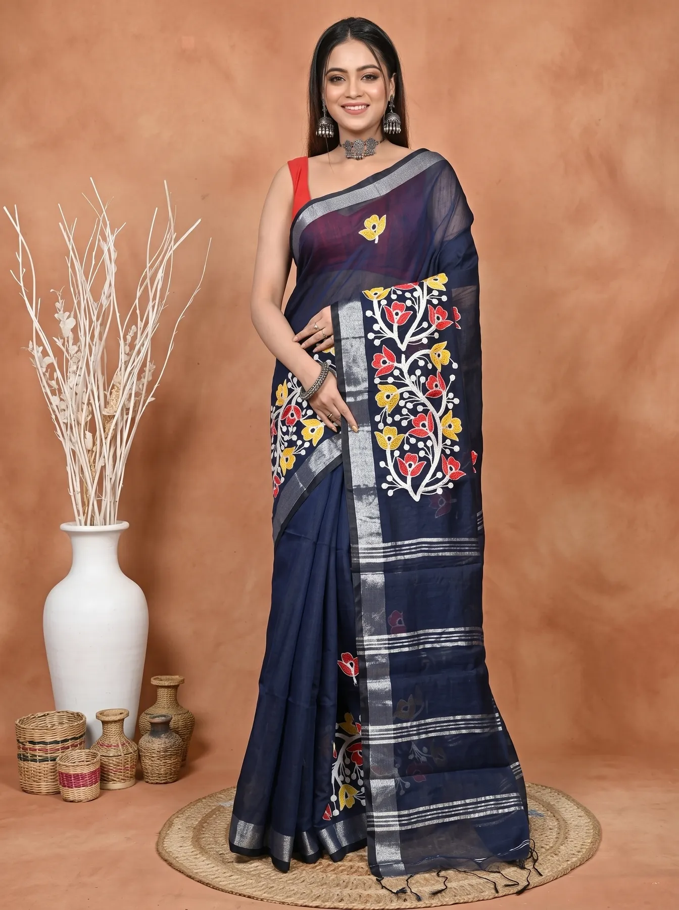 DipDiya Blended Cotton Naby Blue Samyra Heritage of Bengali Embroidery Handloom sarees