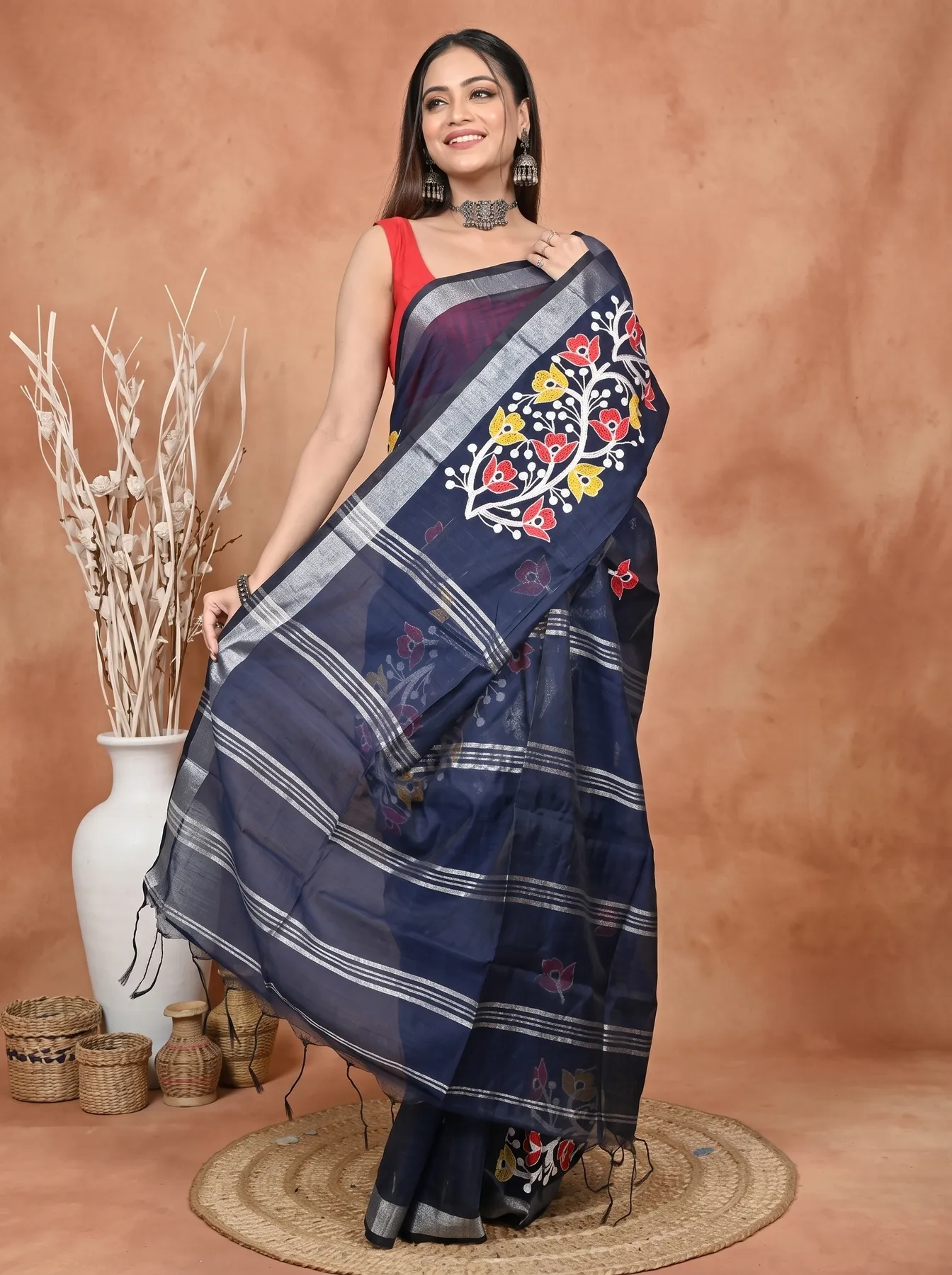 DipDiya Blended Cotton Naby Blue Samyra Heritage of Bengali Embroidery Handloom sarees