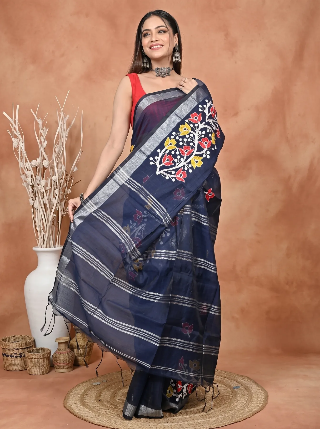 DipDiya Blended Cotton Naby Blue Samyra Heritage of Bengali Embroidery Handloom sarees