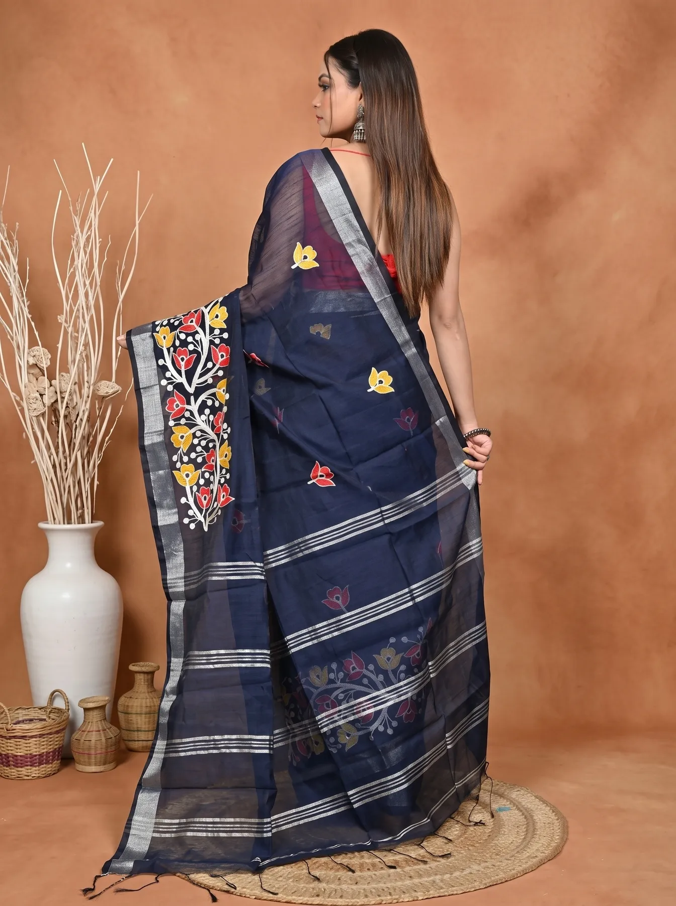 DipDiya Blended Cotton Naby Blue Samyra Heritage of Bengali Embroidery Handloom sarees
