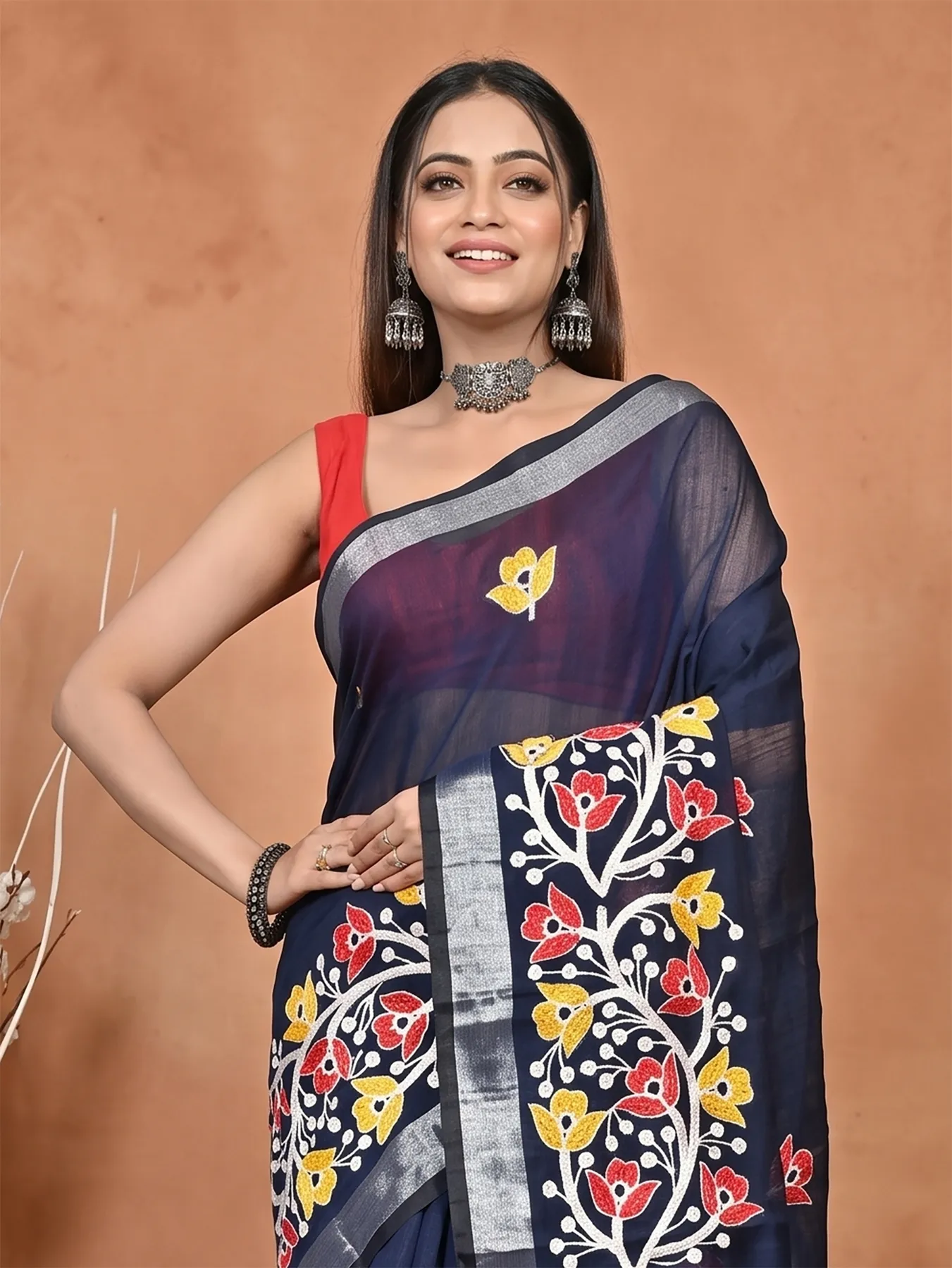 DipDiya Blended Cotton Naby Blue Samyra Heritage of Bengali Embroidery Handloom sarees