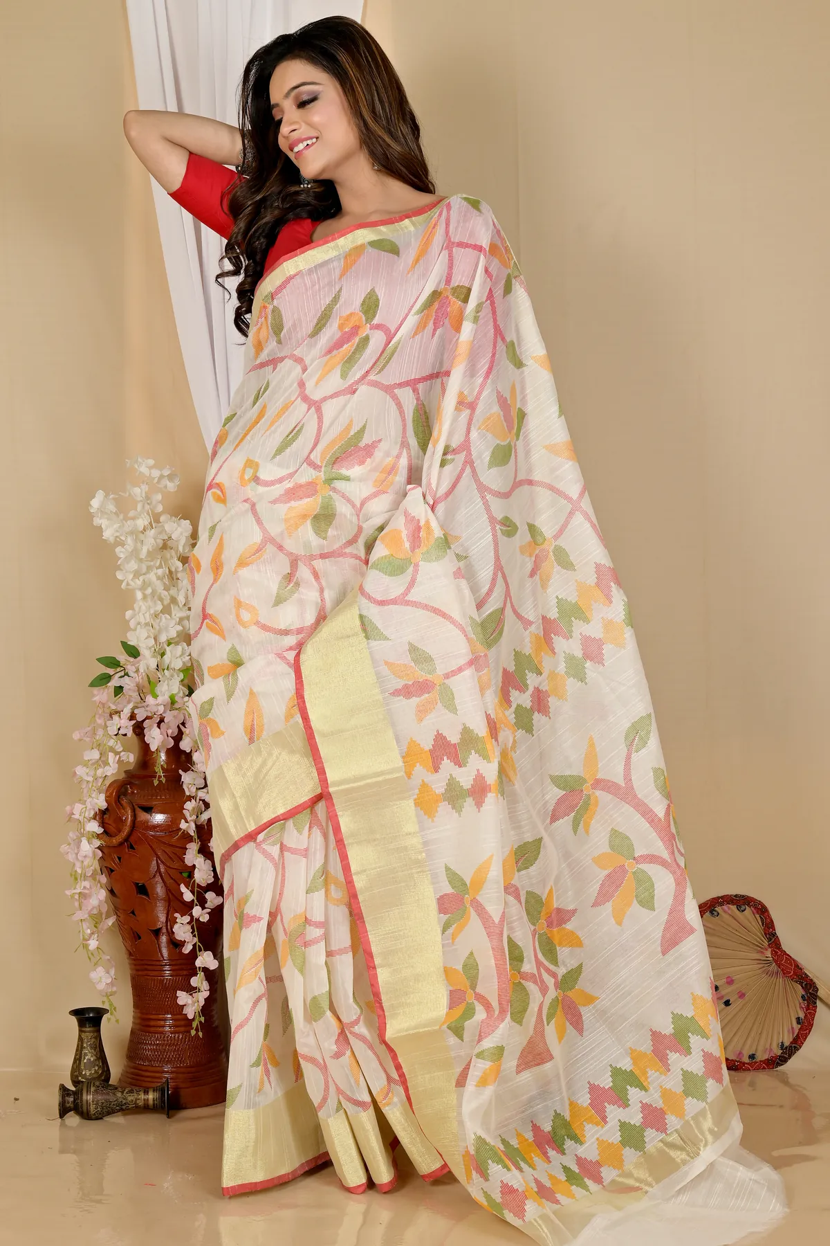DipDiya Blended Cotton Off White Narento Threads of Tradition Handloom Sarees