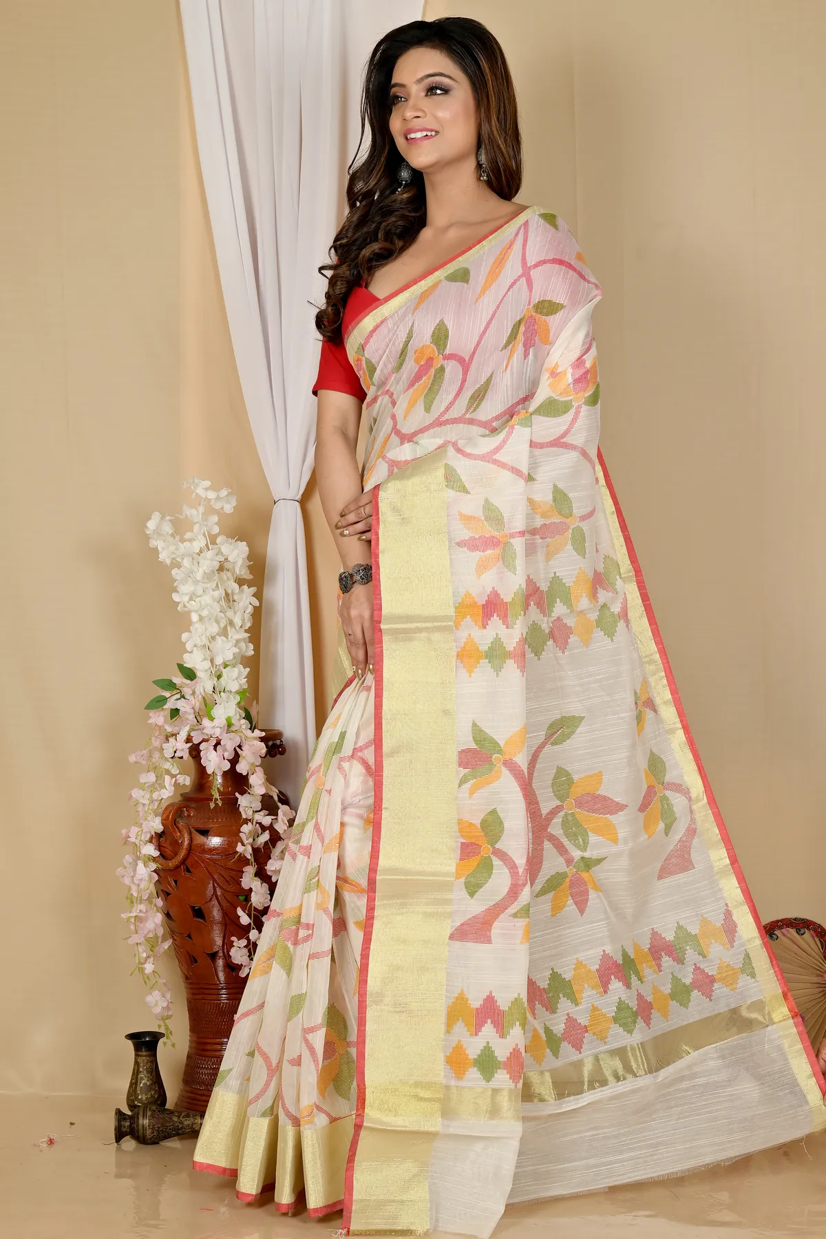 DipDiya Blended Cotton Off White Narento Threads of Tradition Handloom Sarees