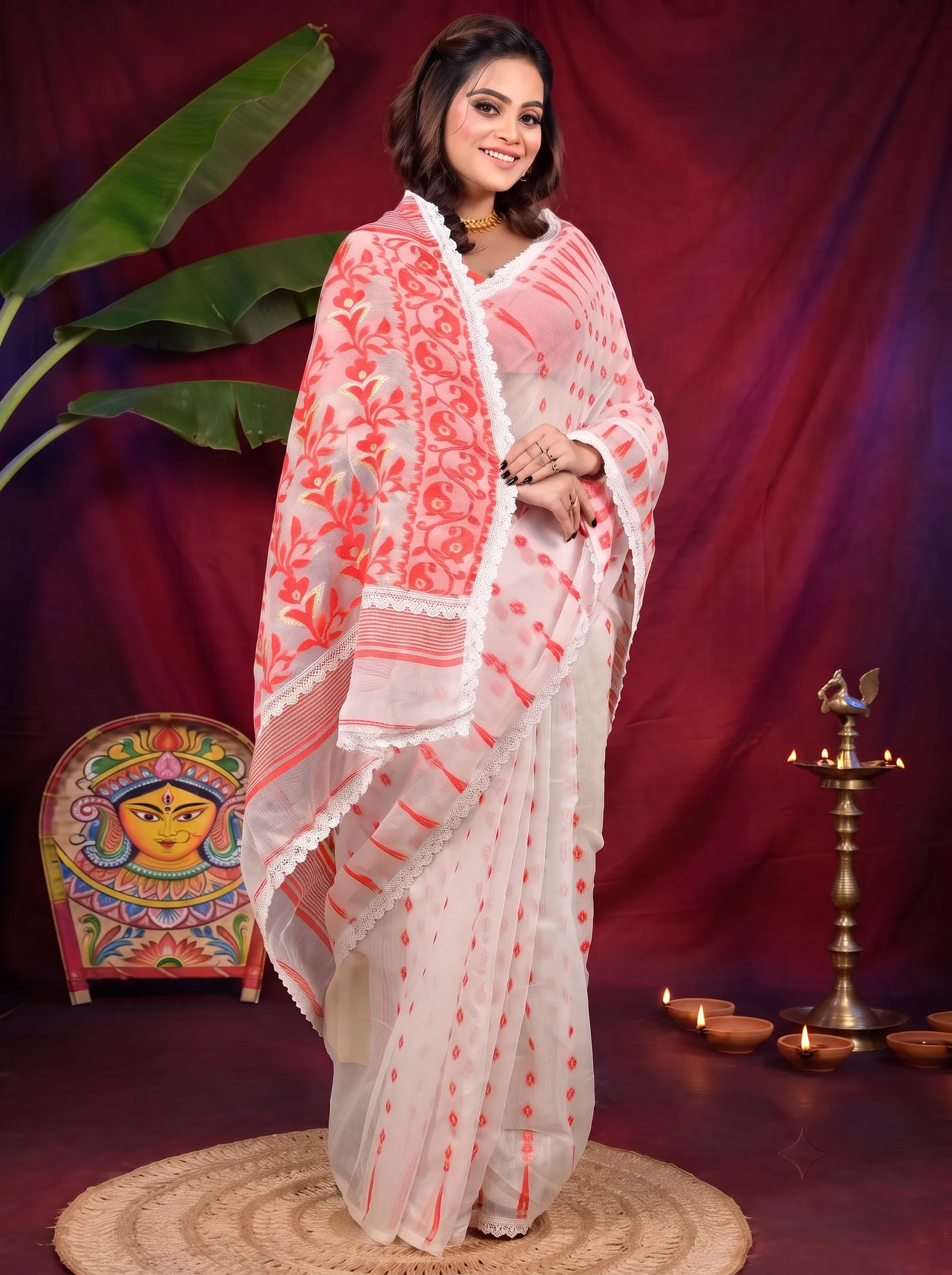 DipDiya Blended Cotton Off-White Red Fipui Artisan Crafted Jamdani Sarees