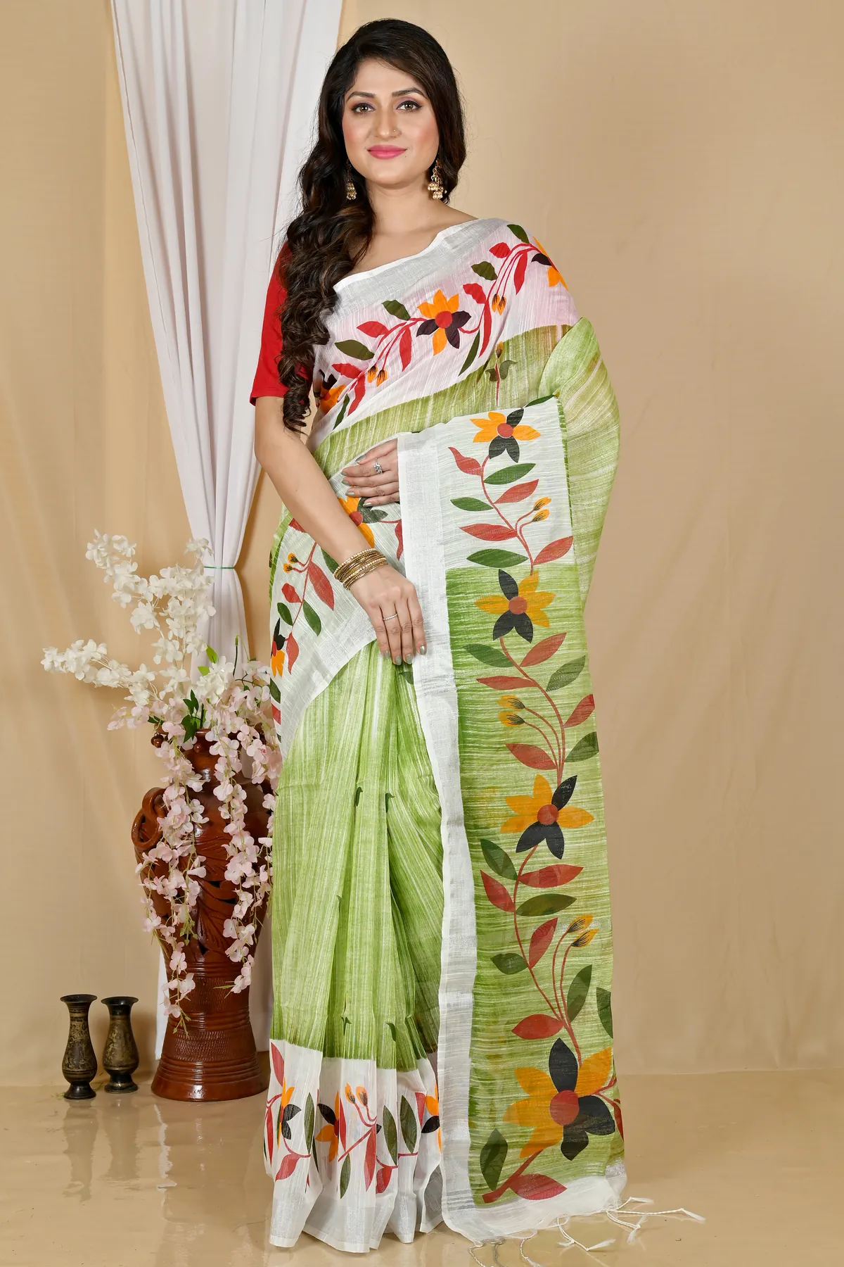 DipDiya Blended Cotton Olive Green Korel Elegance in Every Weave Printed Handloom Sarees