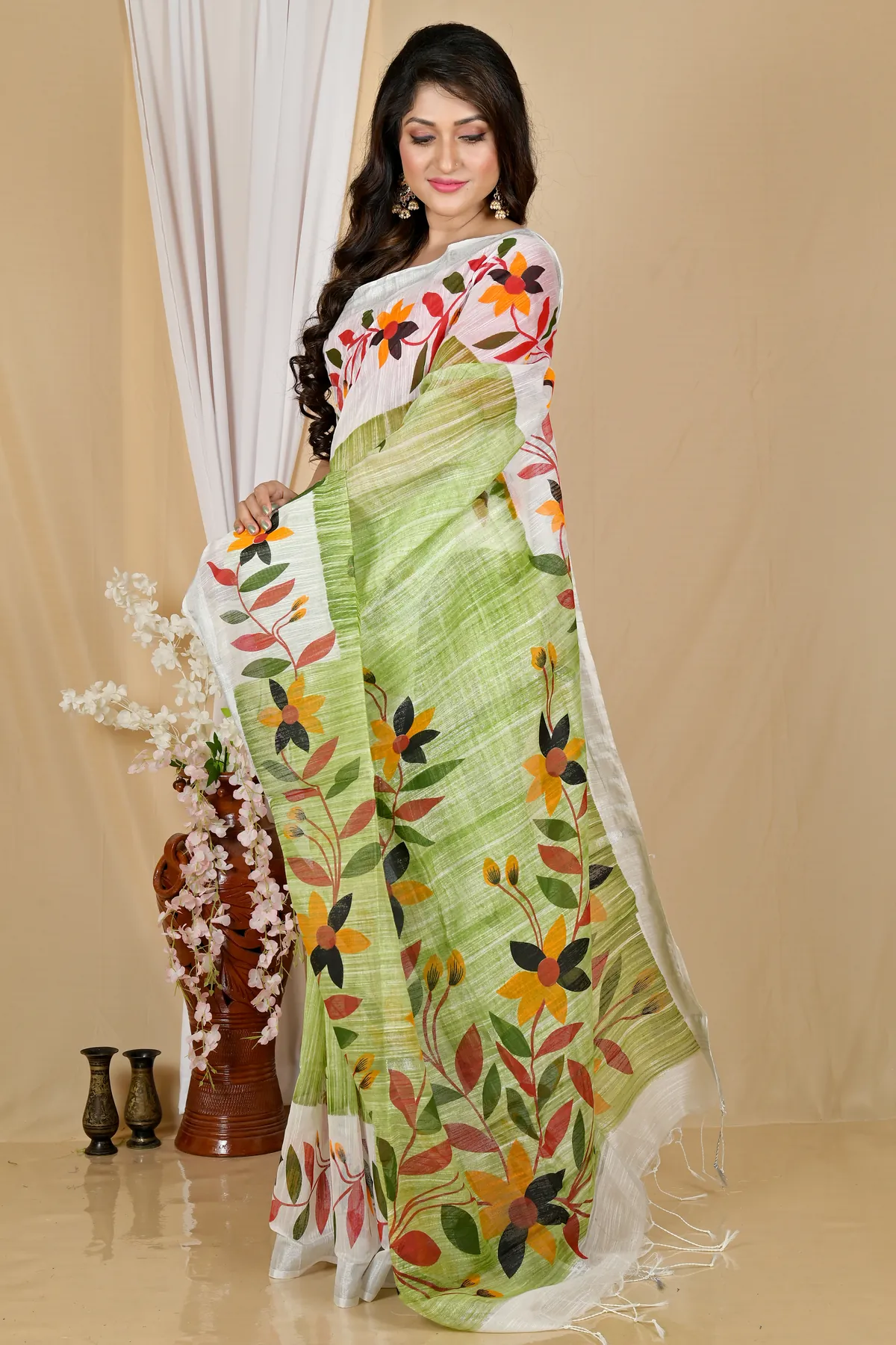 DipDiya Blended Cotton Olive Green Korel Elegance in Every Weave Printed Handloom Sarees