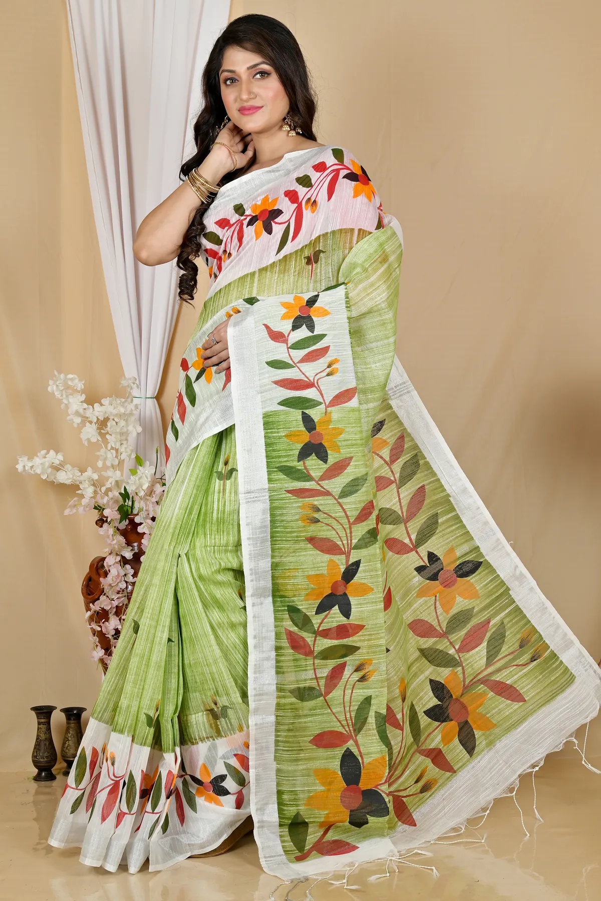 DipDiya Blended Cotton Olive Green Korel Elegance in Every Weave Printed Handloom Sarees