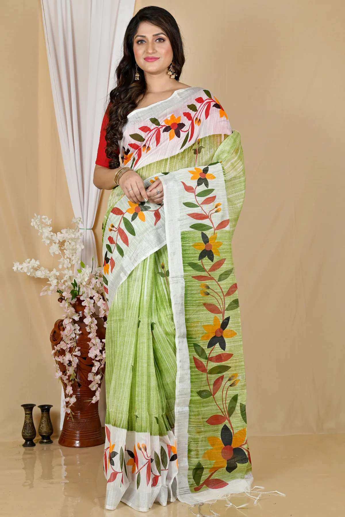DipDiya Blended Cotton Olive Green Korel Elegance in Every Weave Printed Handloom Sarees