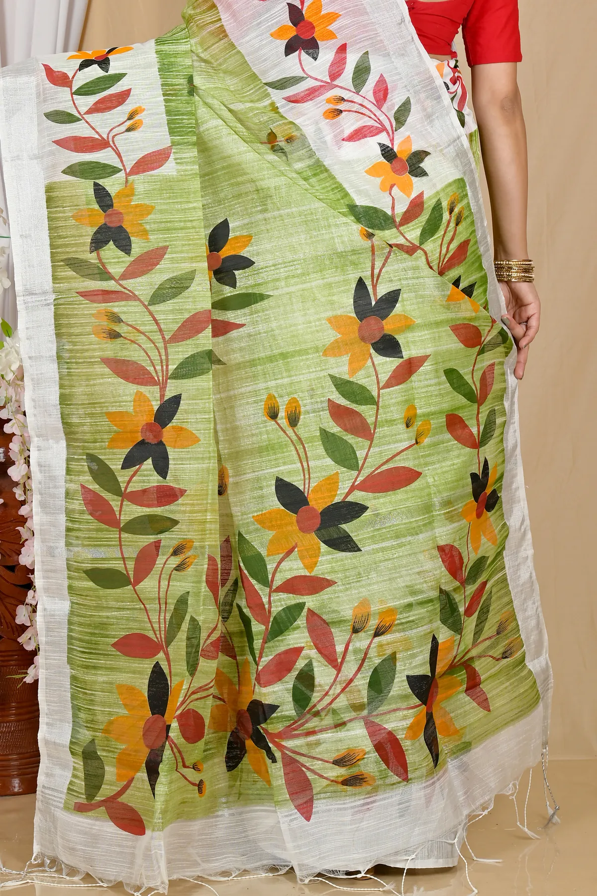 DipDiya Blended Cotton Olive Green Korel Elegance in Every Weave Printed Handloom Sarees