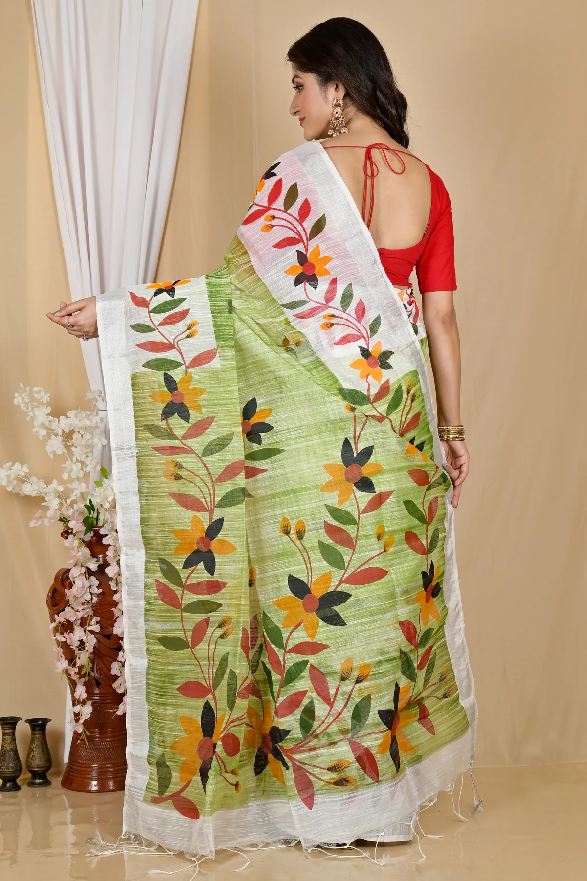 DipDiya Blended Cotton Olive Green Korel Elegance in Every Weave Printed Handloom Sarees