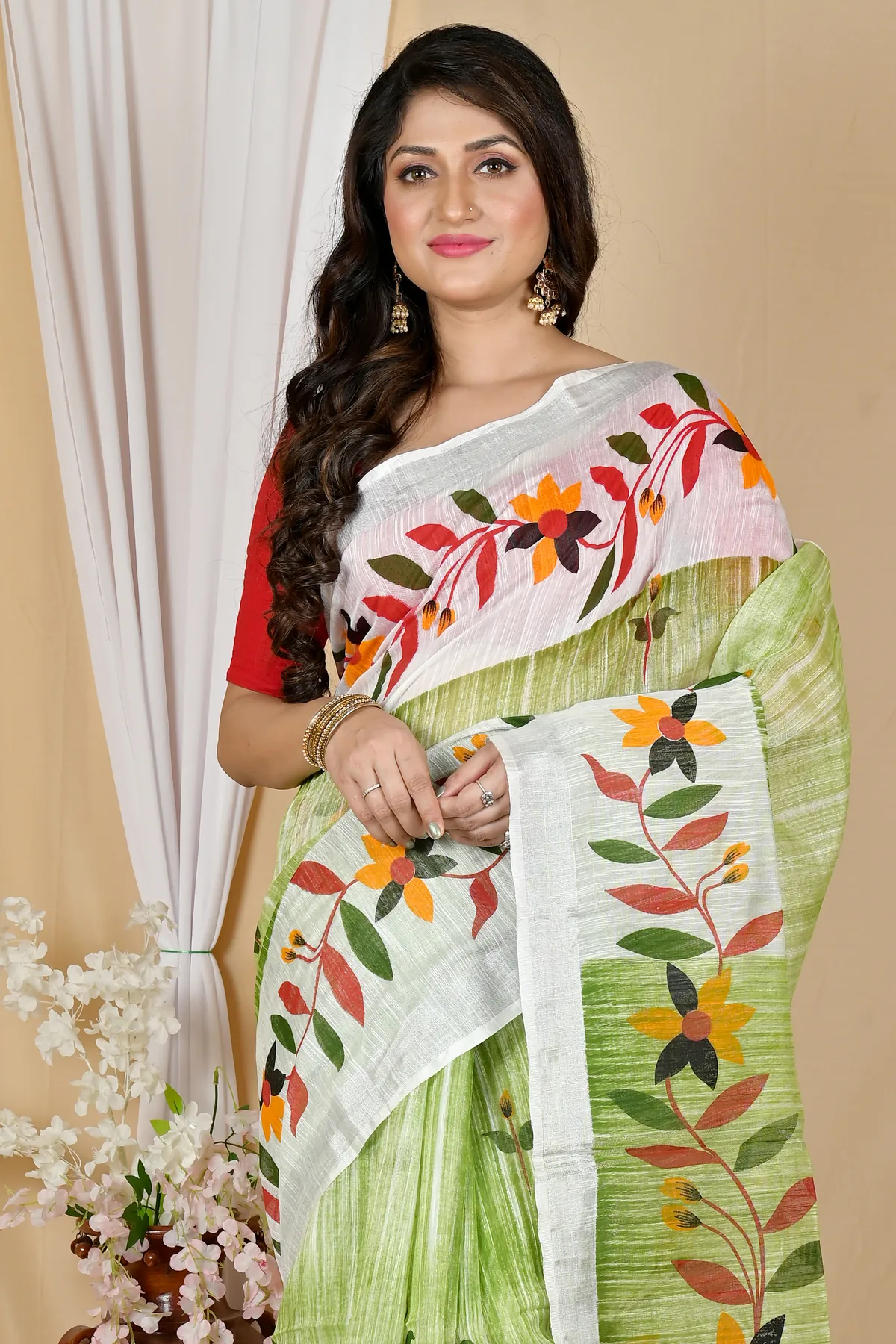 DipDiya Blended Cotton Olive Green Korel Elegance in Every Weave Printed Handloom Sarees
