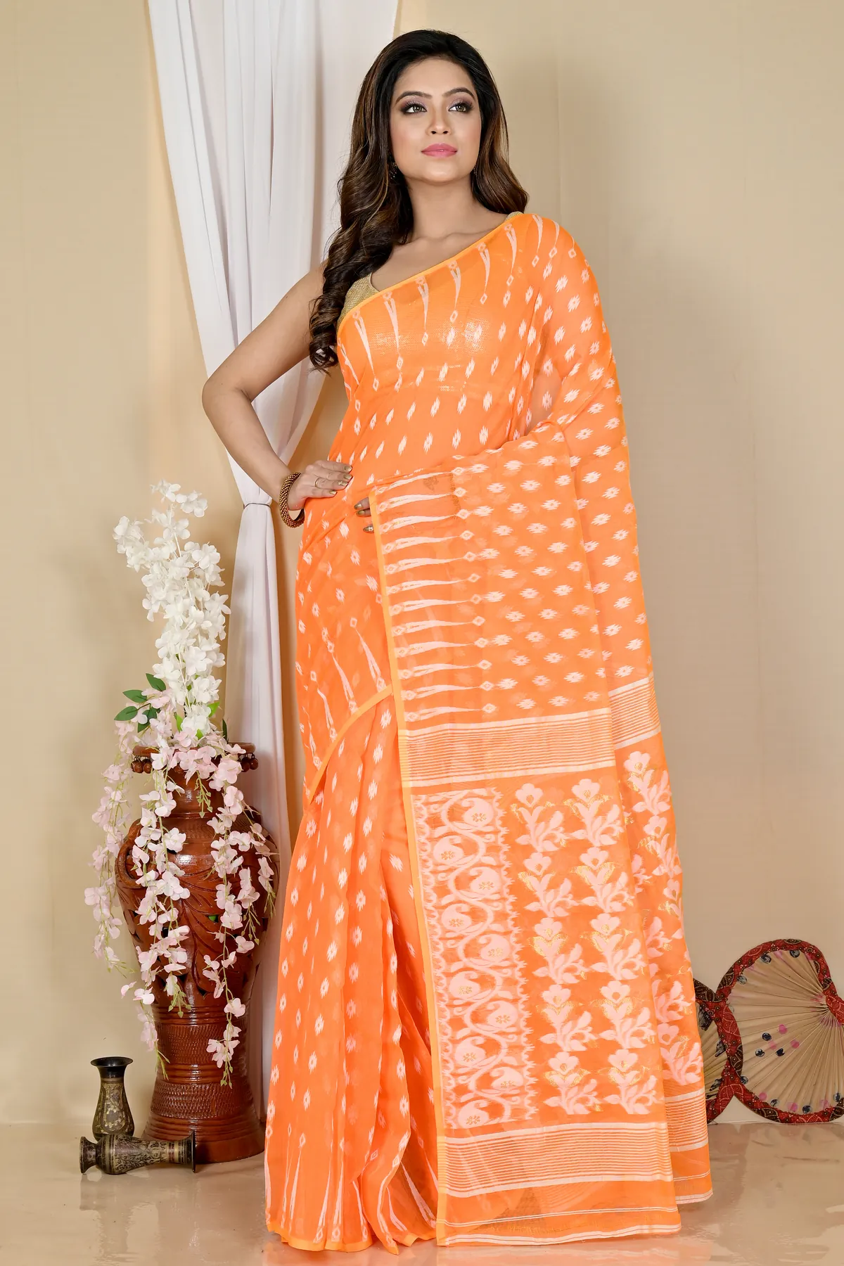DipDiya Blended Cotton Orange Rapial Rooted in Bengal Jamdani Sarees