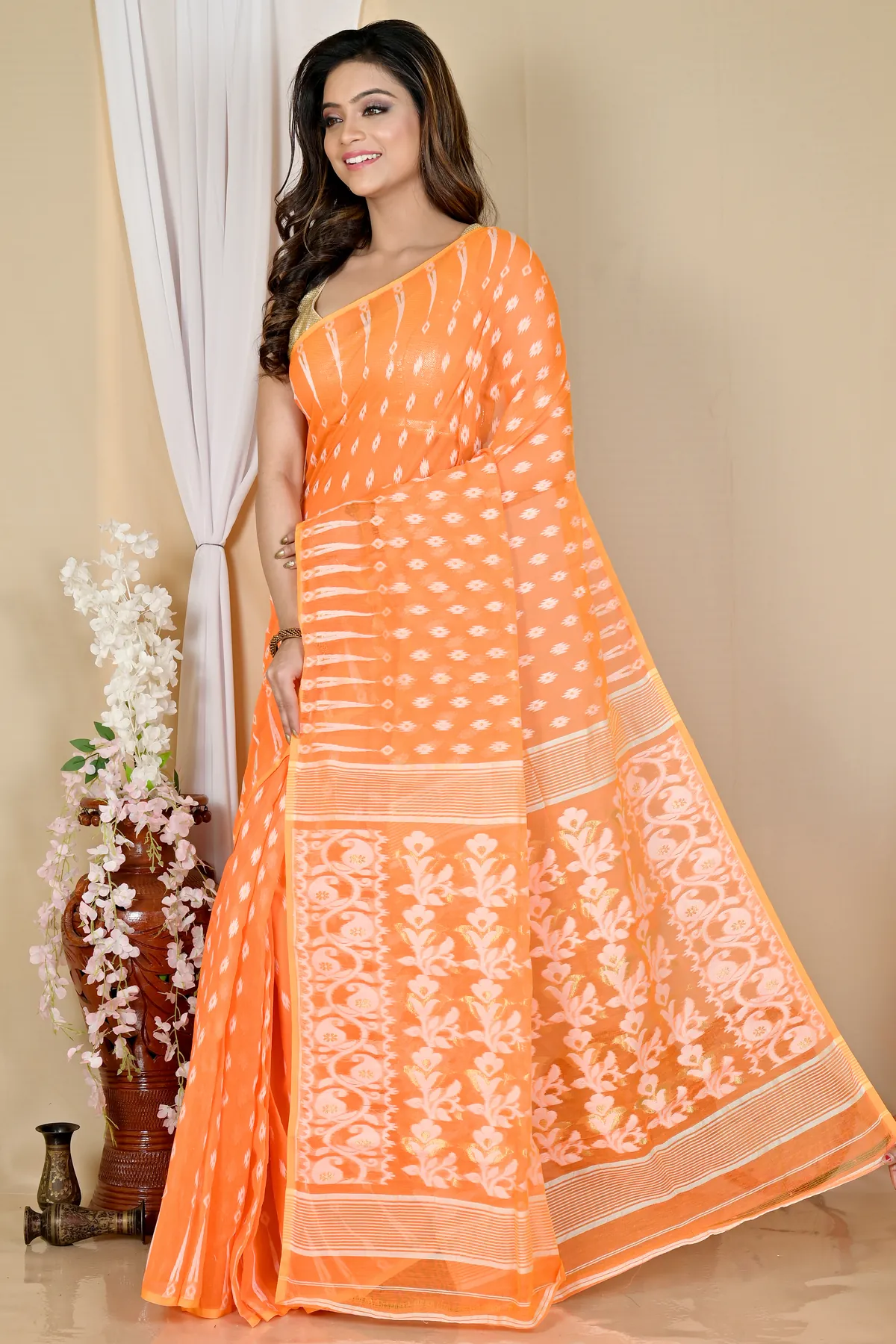 DipDiya Blended Cotton Orange Rapial Rooted in Bengal Jamdani Sarees