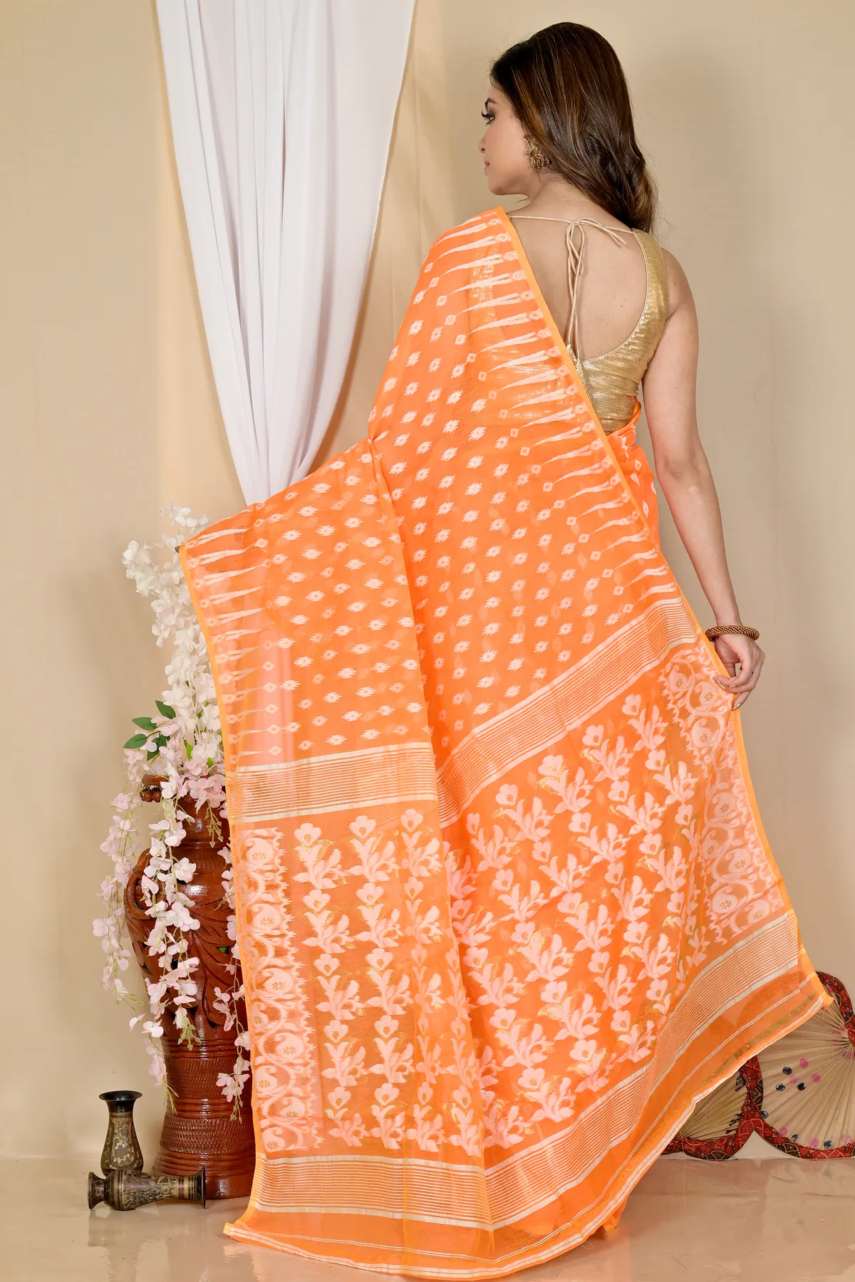 DipDiya Blended Cotton Orange Rapial Rooted in Bengal Jamdani Sarees