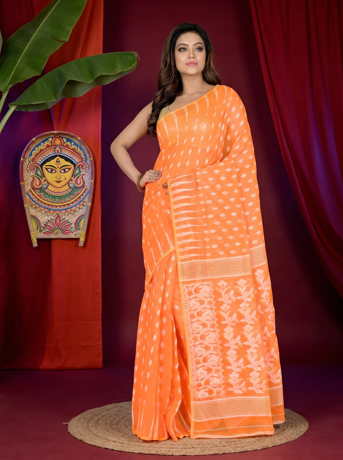 DipDiya Blended Cotton Orange Rapial Rooted in Bengal Jamdani Sarees
