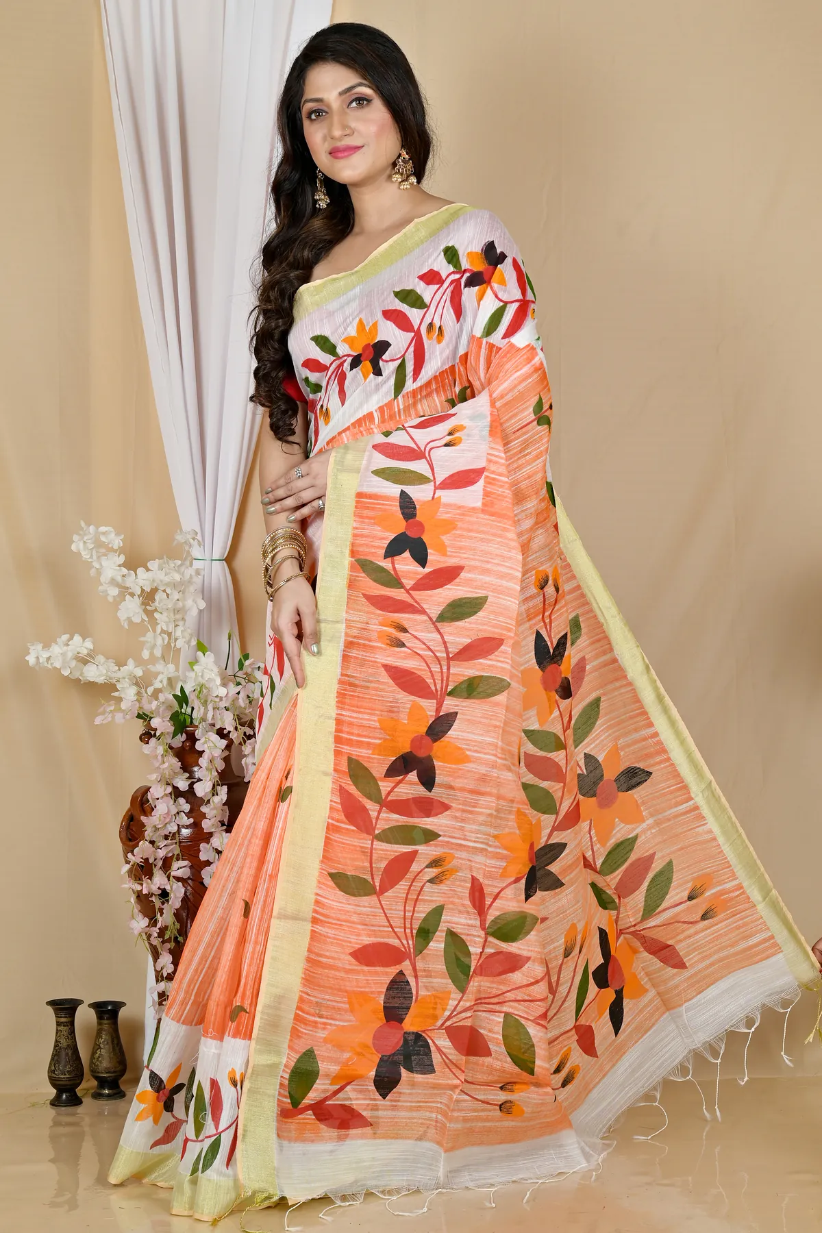 DipDiya Blended Cotton Orange White Korel Essence of Bengal Printed Handloom Sarees