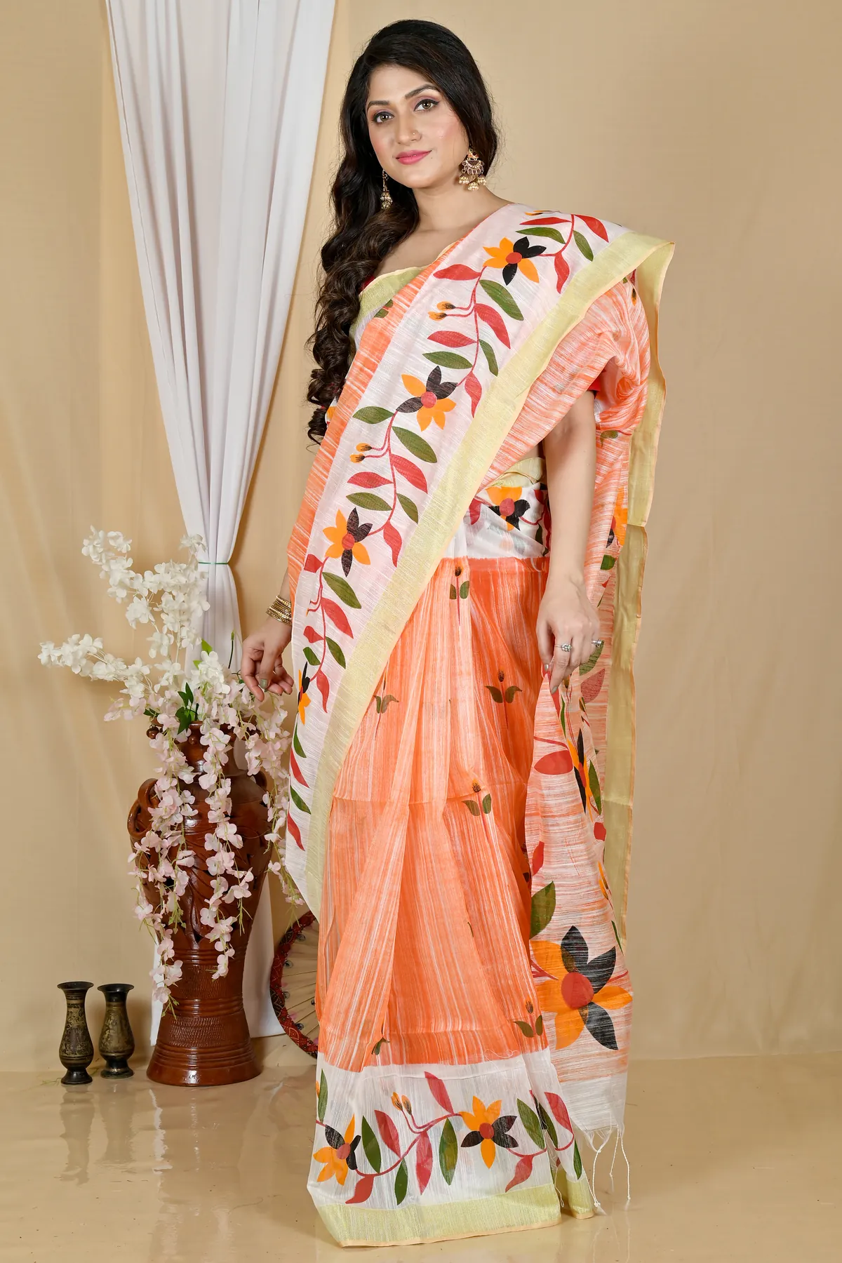 DipDiya Blended Cotton Orange White Korel Essence of Bengal Printed Handloom Sarees
