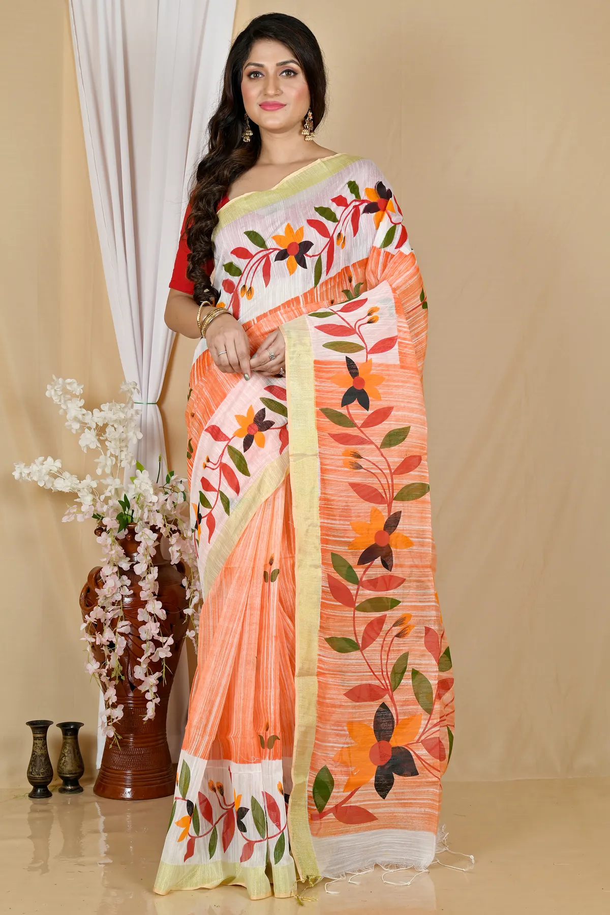 DipDiya Blended Cotton Orange White Korel Essence of Bengal Printed Handloom Sarees